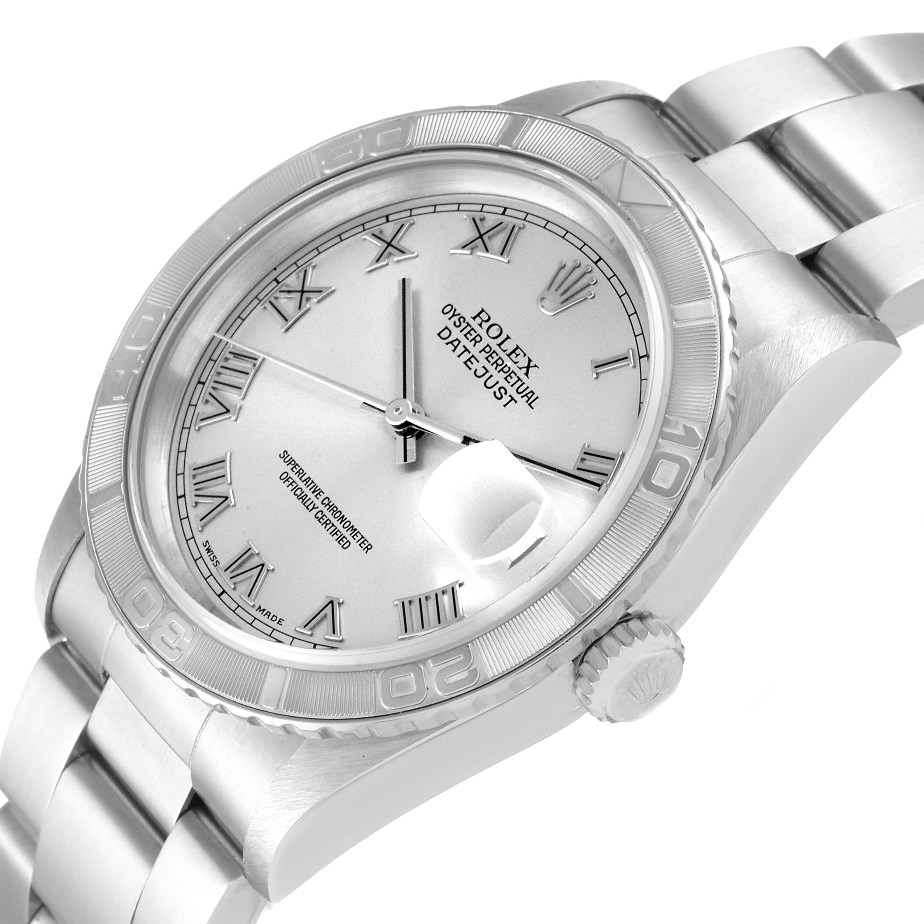 The image shows a close-up of a Rolex Turn-o-Graph 16264 Men
s Stainless Steel Silver Dial 16264 Men
s Stainless Steel Silver Dial watch from an angled perspective, highlighting the dial, crown, and bracelet.