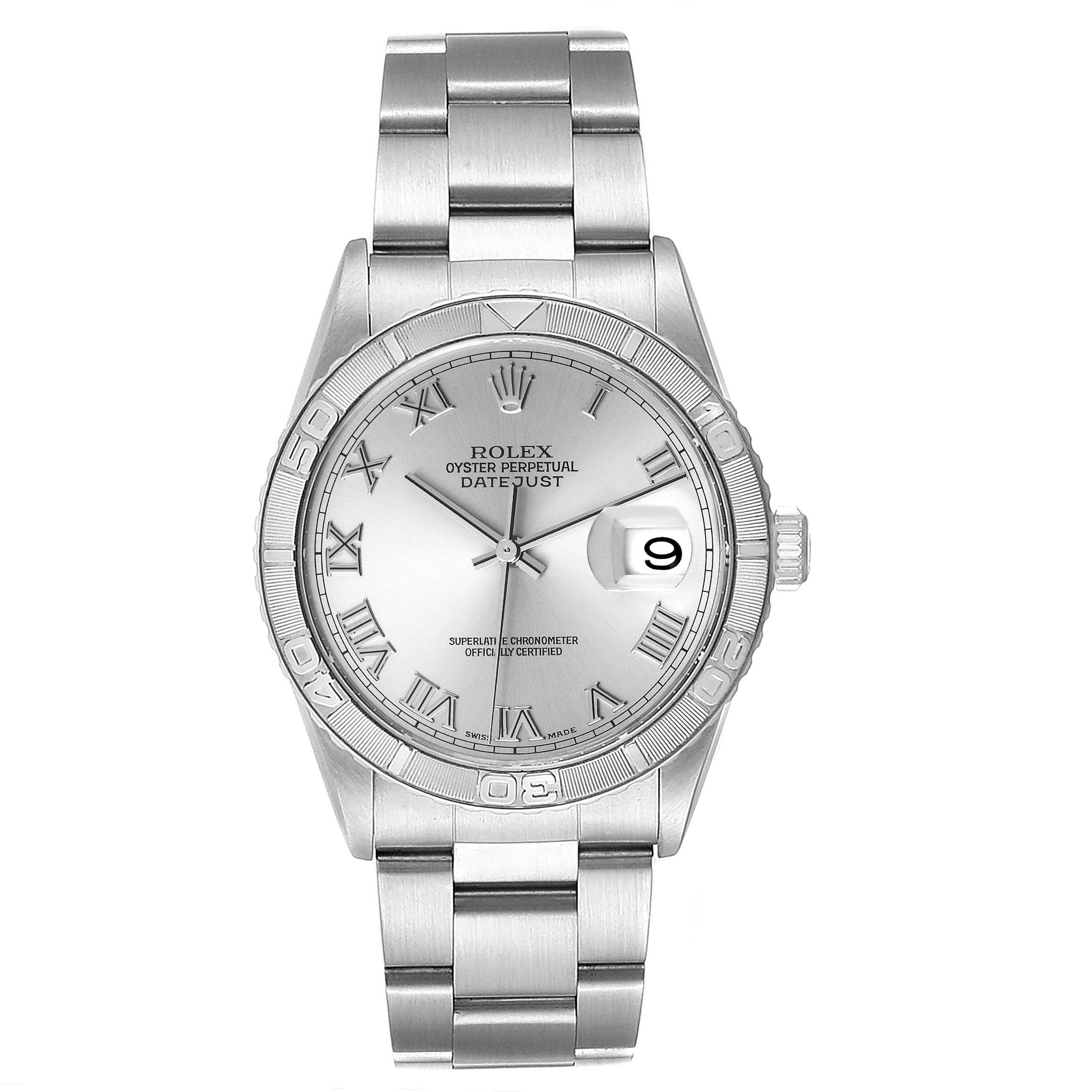 This image shows a front view of a Rolex Turn-o-Graph 16264 Men
s Stainless Steel Silver Dial 16264 Men
s Stainless Steel Silver Dial watch, highlighting its dial, bezel, bracelet, and date window.