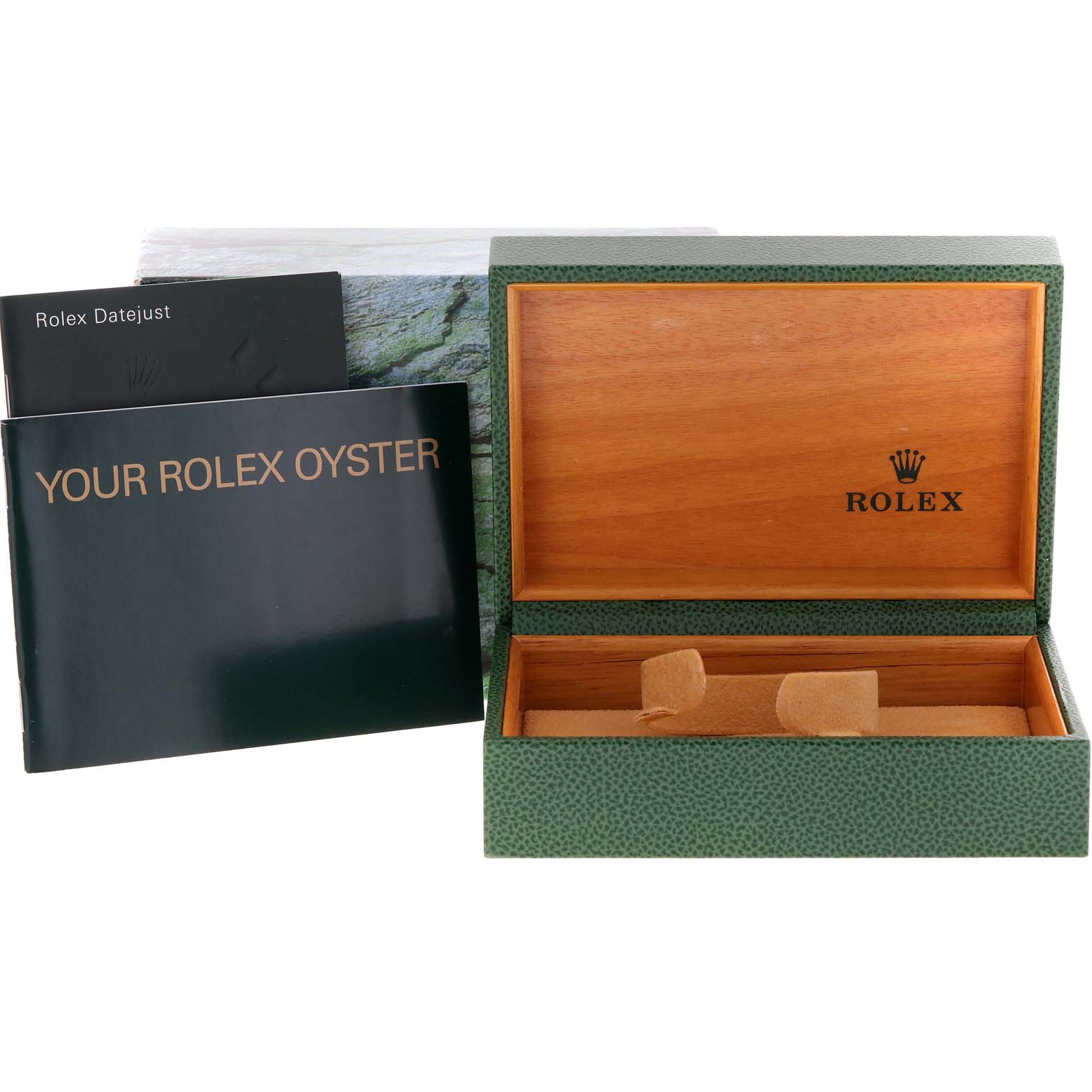 The image shows a Rolex Turn-o-Graph 16264 Men
s Stainless Steel Silver Dial 16264 Men
s Stainless Steel Silver Dial watch box, including the inner wooden box and accompanying manuals.