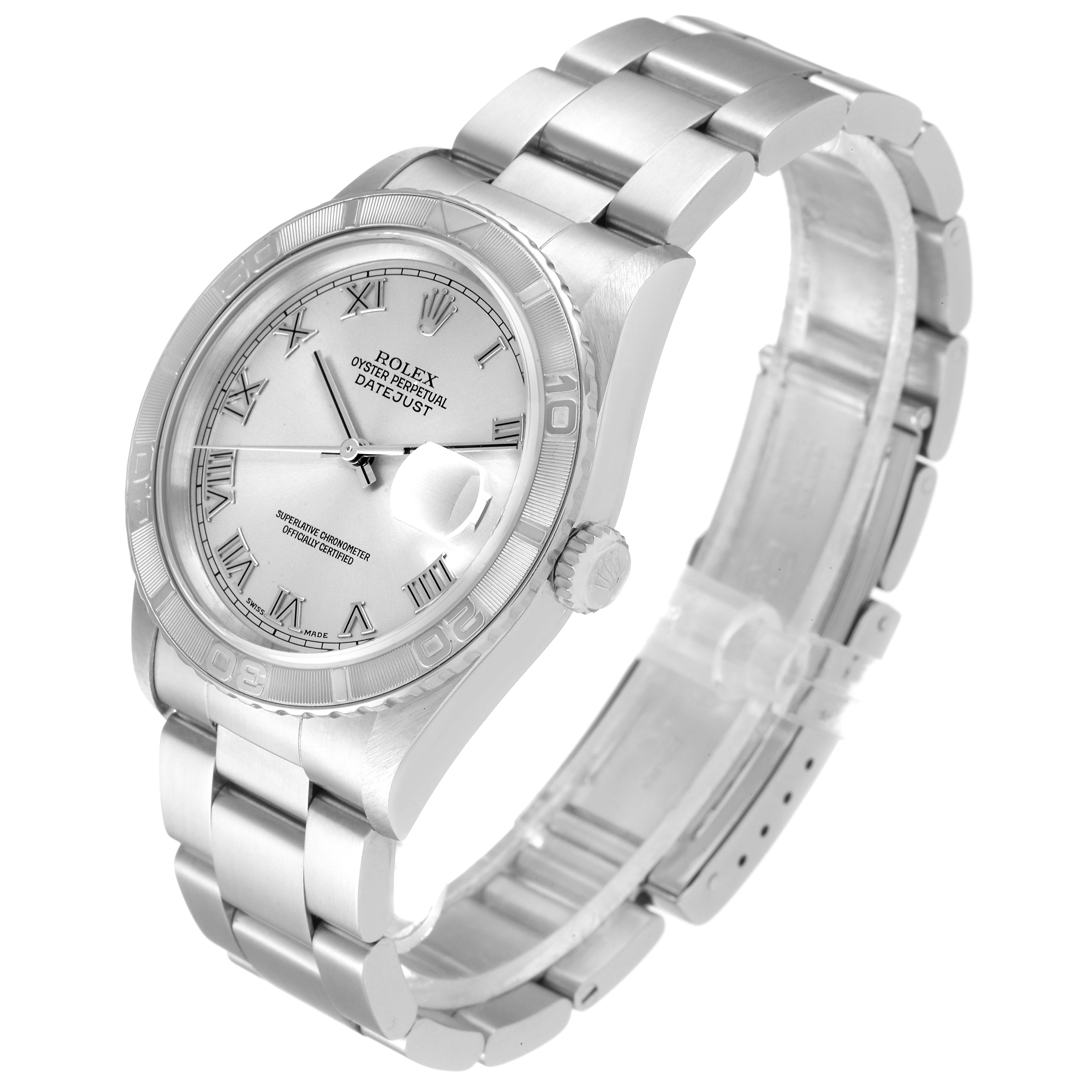 The Rolex Turn-o-Graph 16264 Men
s Stainless Steel Silver Dial 16264 Men
s Stainless Steel Silver Dial watch is shown at a three-quarter angle, highlighting the dial, bezel, bracelet, and clasp.