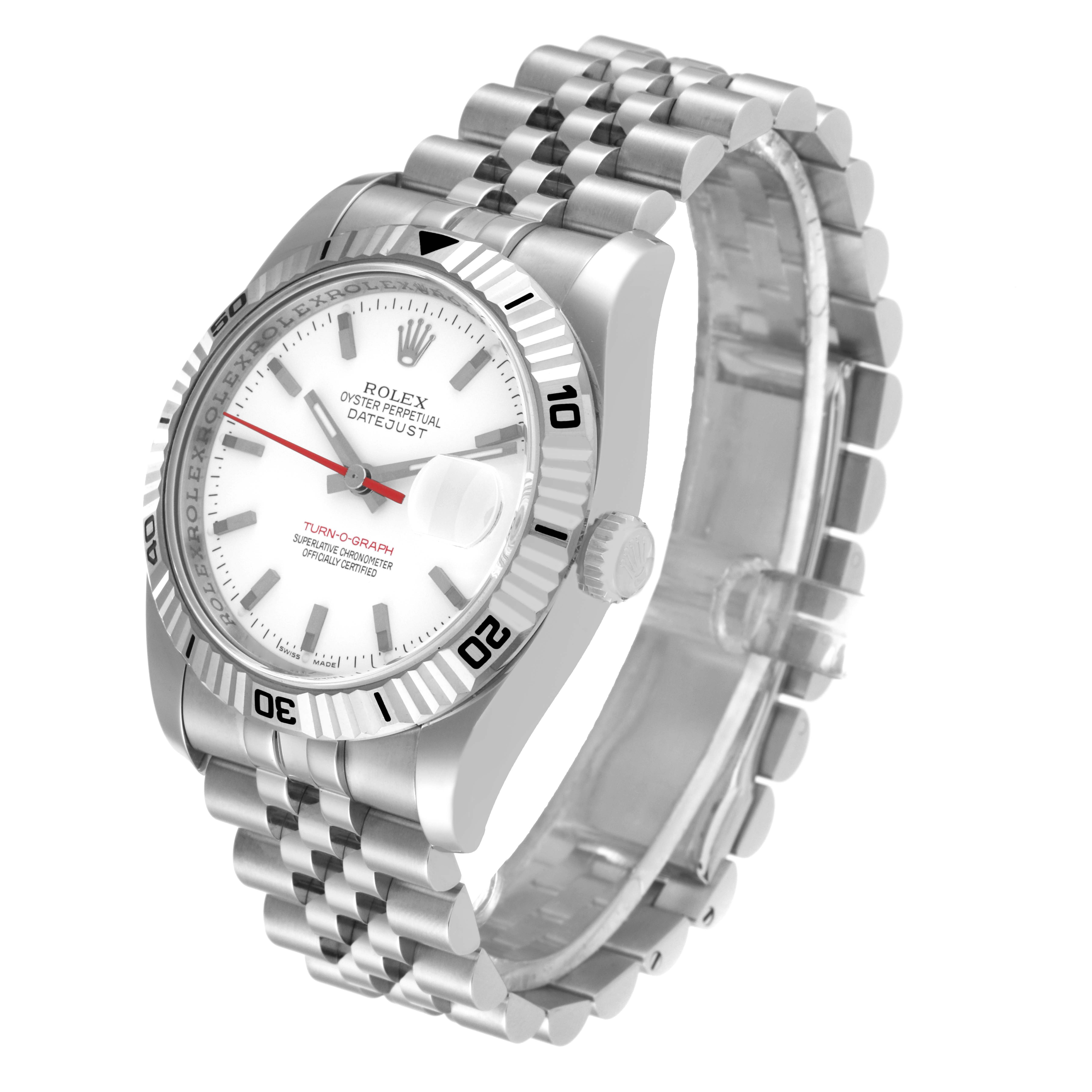 The image shows a Rolex Turn-o-Graph 116264 Men
s Stainless Steel White Dial 116264 Men
s Stainless Steel White Dial watch at a slight angle, displaying its face, bezel, crown, and bracelet.