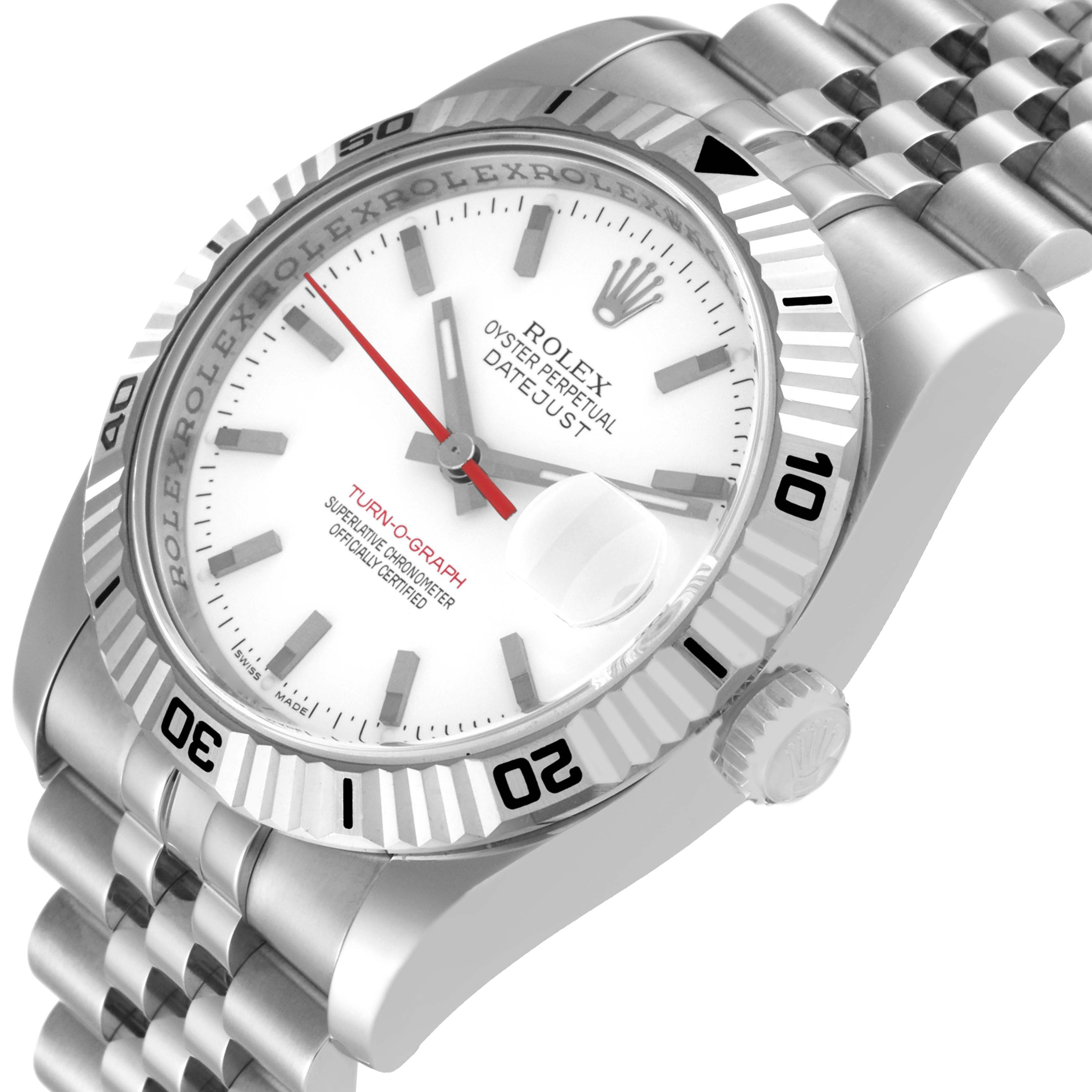 The image shows a close-up angle of the Rolex Turn-o-Graph 116264 Men
s Stainless Steel White Dial 116264 Men
s Stainless Steel White Dial watch, displaying the face, bezel, crown, and part of the bracelet.