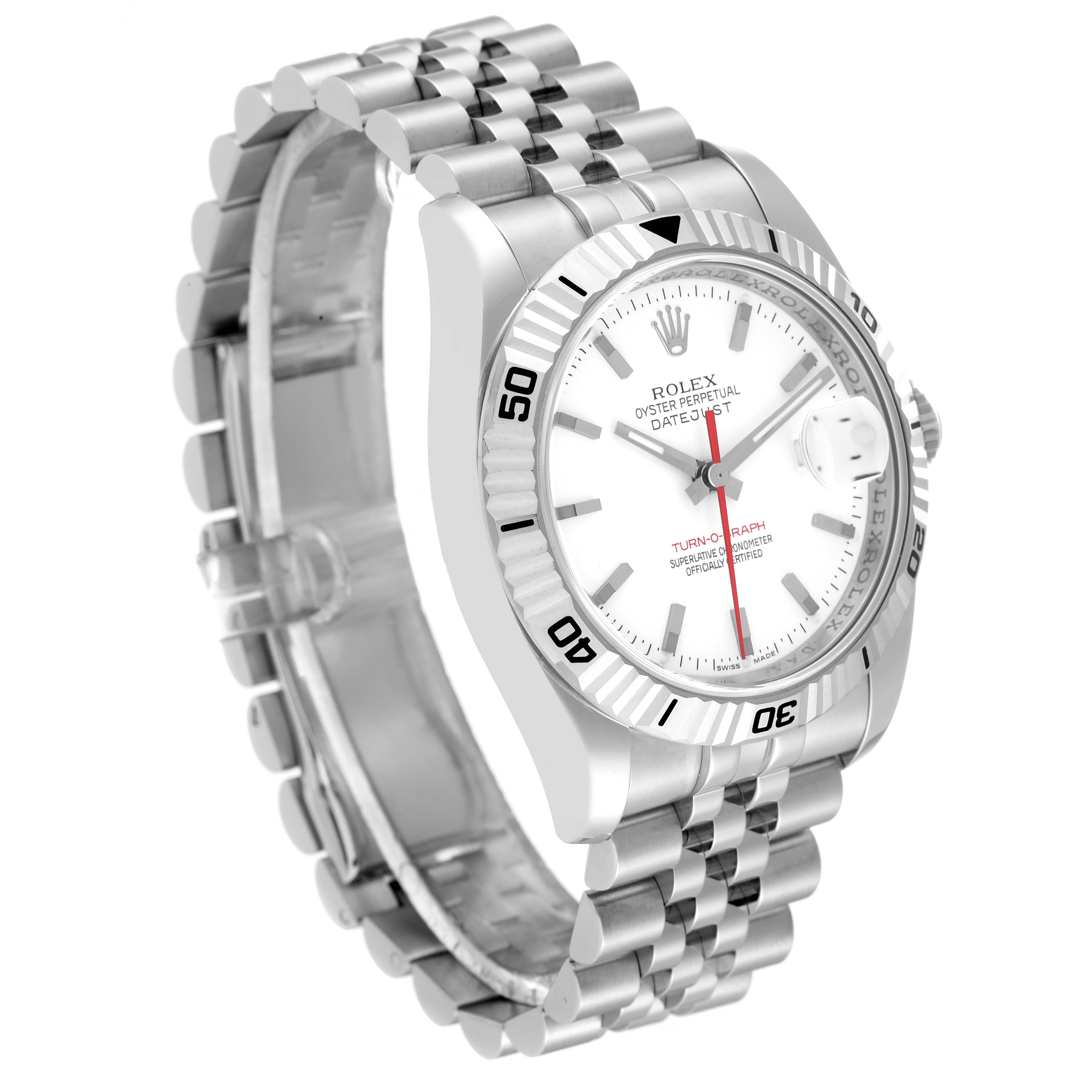This image shows a side angle of the Rolex Turn-o-Graph 116264 Men
s Stainless Steel White Dial 116264 Men
s Stainless Steel White Dial watch, highlighting its bracelet, bezel, and dial.