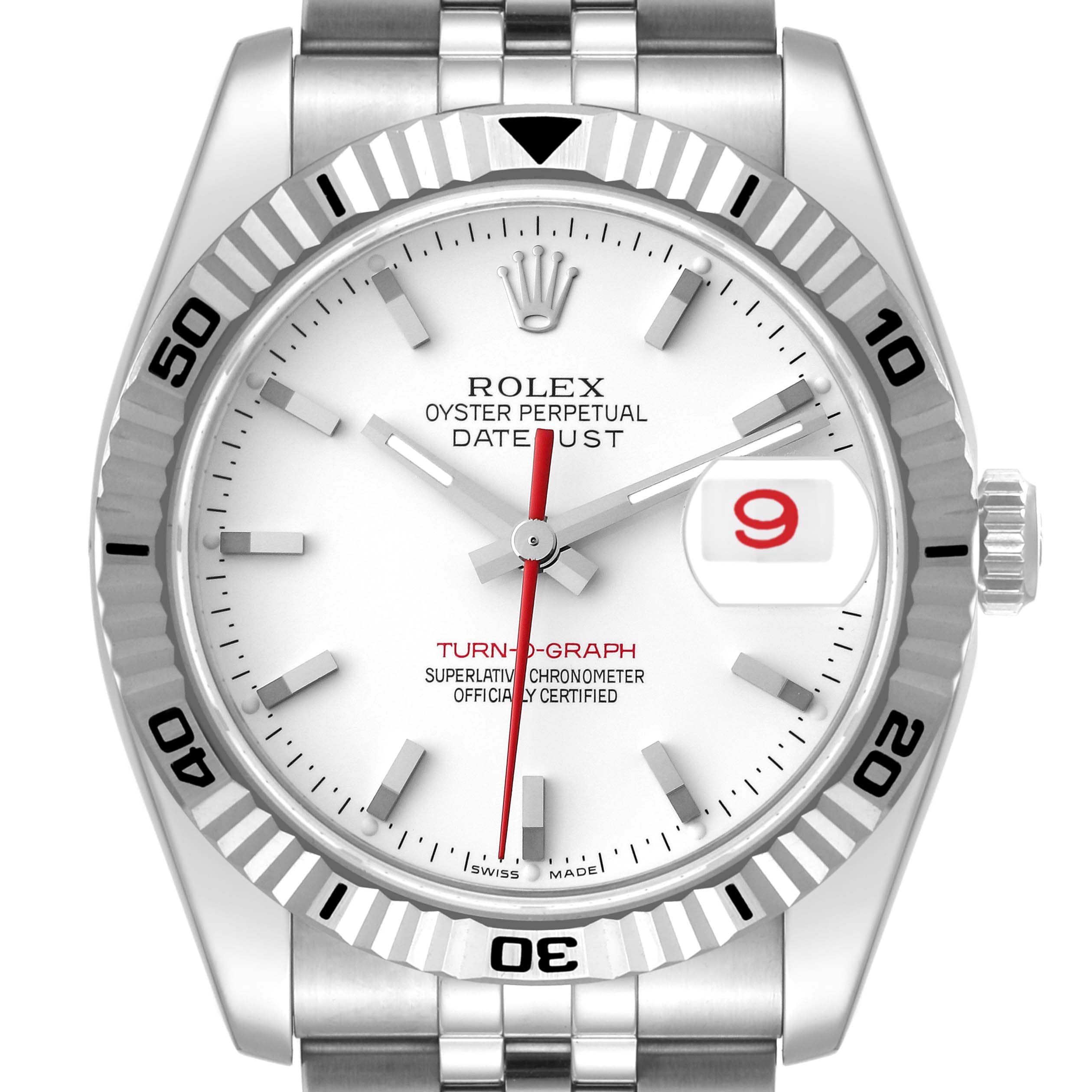 The image shows the front view of a Rolex Turn-o-Graph 116264 Men
s Stainless Steel White Dial 116264 Men
s Stainless Steel White Dial, highlighting its dial, bezel, hands, crown, and bracelet.