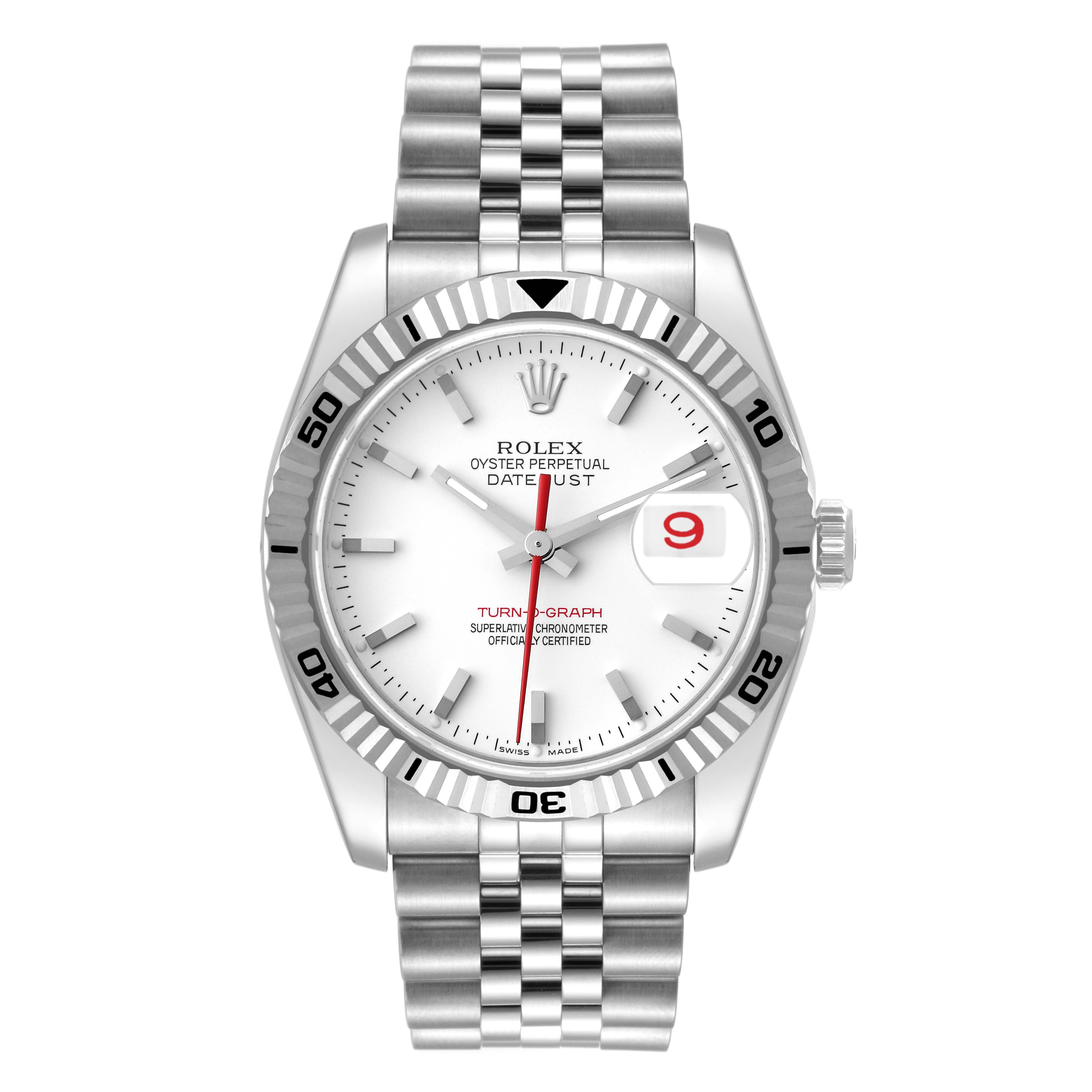 The image shows a front view of the Rolex Turn-o-Graph 116264 Men
s Stainless Steel White Dial 116264 Men
s Stainless Steel White Dial watch, displaying its face, bezel, crown, and bracelet.