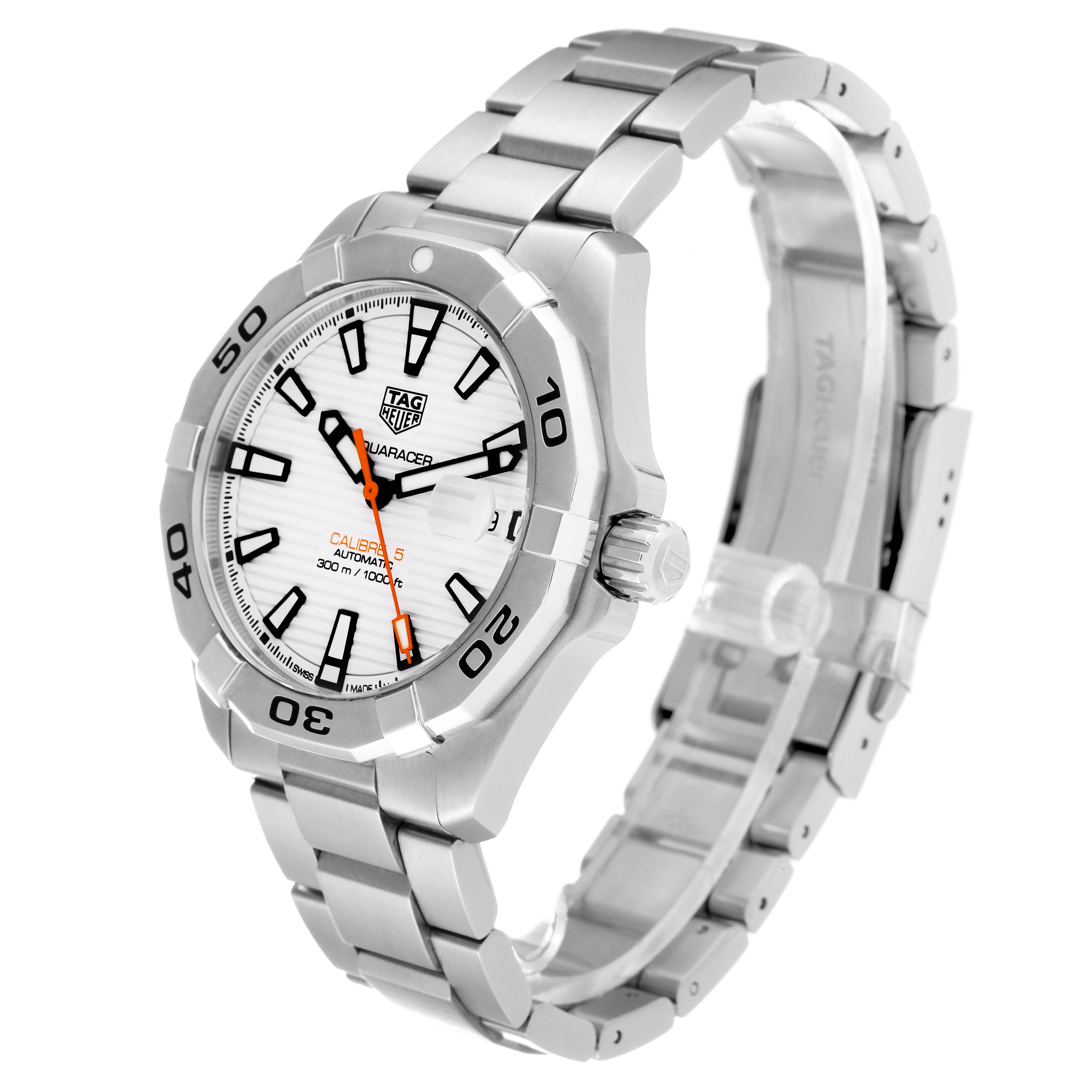 The image shows a side-angle view of the Tag Heuer Aquaracer WBD2111.BA0928 Men's Stainless Steel White Dial WBD2111.BA0928 Men's Stainless Steel White Dial watch, highlighting its face, bezel, and bracelet.