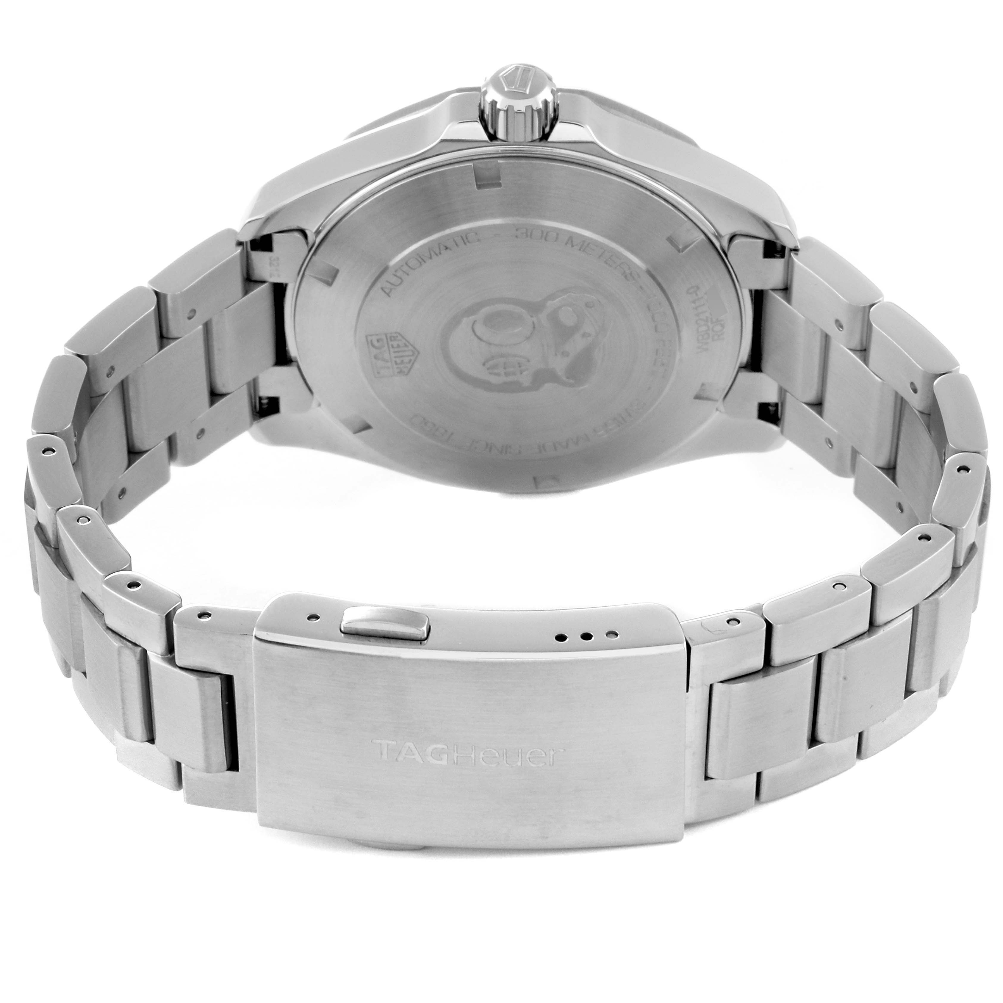 This image shows the back view of a Tag Heuer Aquaracer WBD2111.BA0928 Men's Stainless Steel White Dial WBD2111.BA0928 Men's Stainless Steel White Dial watch, focusing on the case back and metal bracelet with clasp.