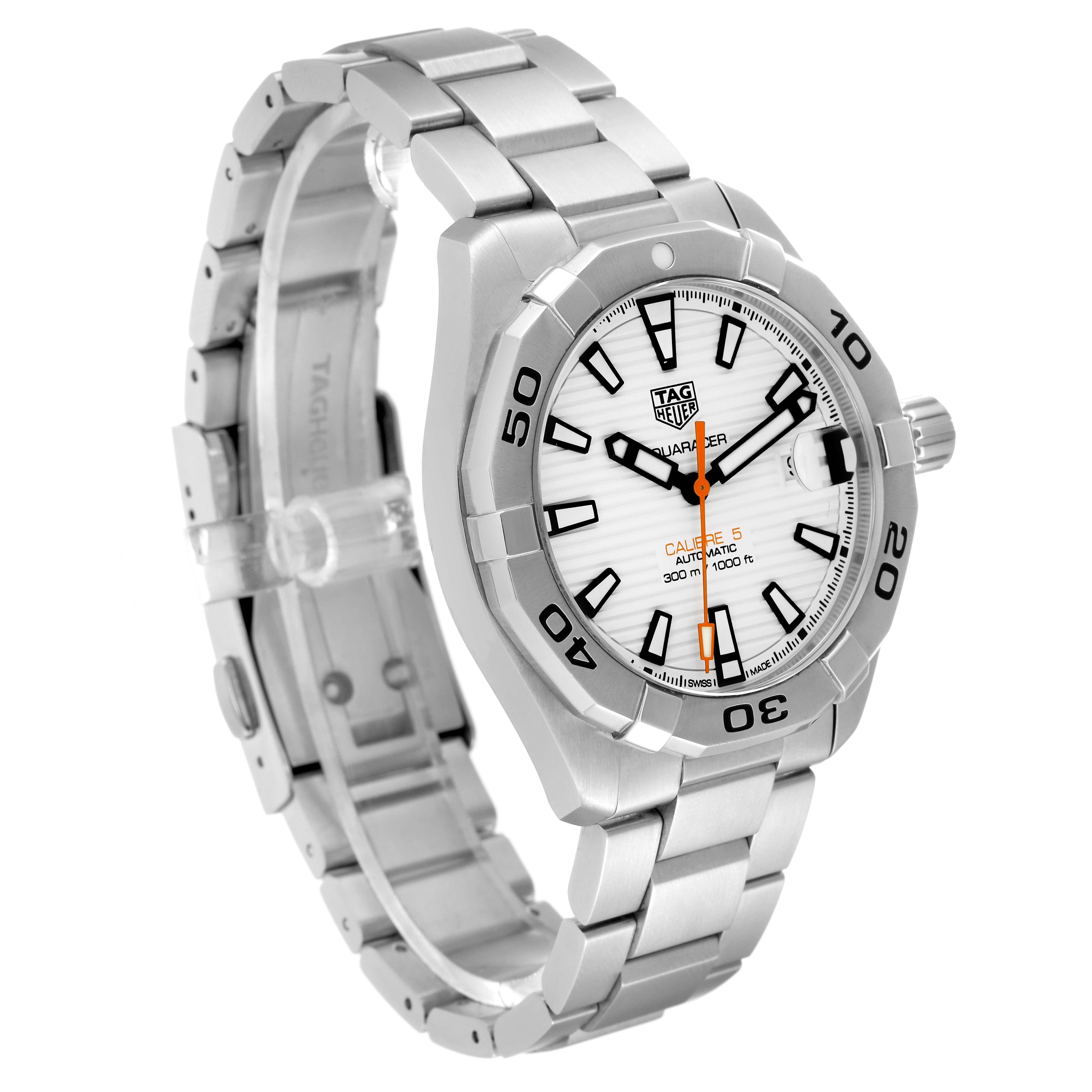 This image shows the Tag Heuer Aquaracer WBD2111.BA0928 Men's Stainless Steel White Dial WBD2111.BA0928 Men's Stainless Steel White Dial watch at an angled front view, highlighting its dial, bezel, and bracelet.