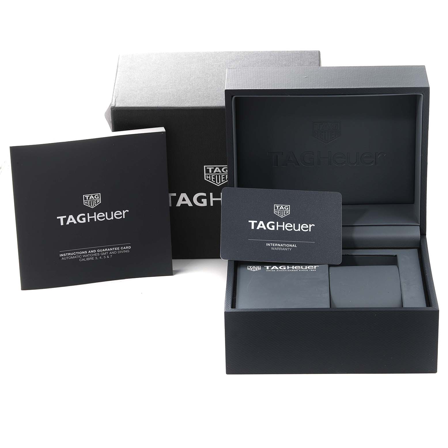 The image shows the box, manuals, and warranty card for a Tag Heuer Aquaracer WBD2111.BA0928 Men's Stainless Steel White Dial WBD2111.BA0928 Men's Stainless Steel White Dial watch.