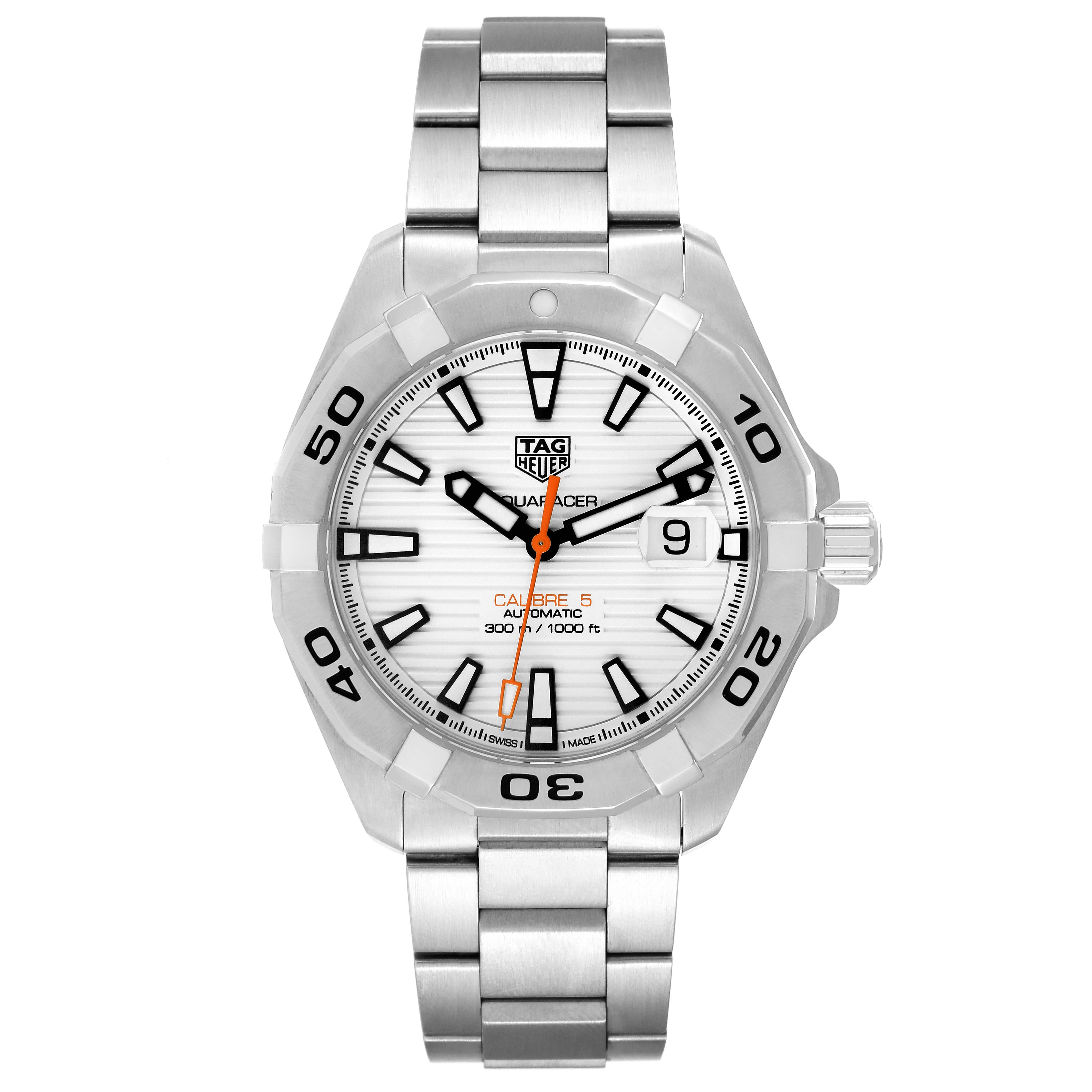 The image shows a front view of a Tag Heuer Aquaracer WBD2111.BA0928 Men's Stainless Steel White Dial WBD2111.BA0928 Men's Stainless Steel White Dial watch, displaying the face, bezel, and bracelet.