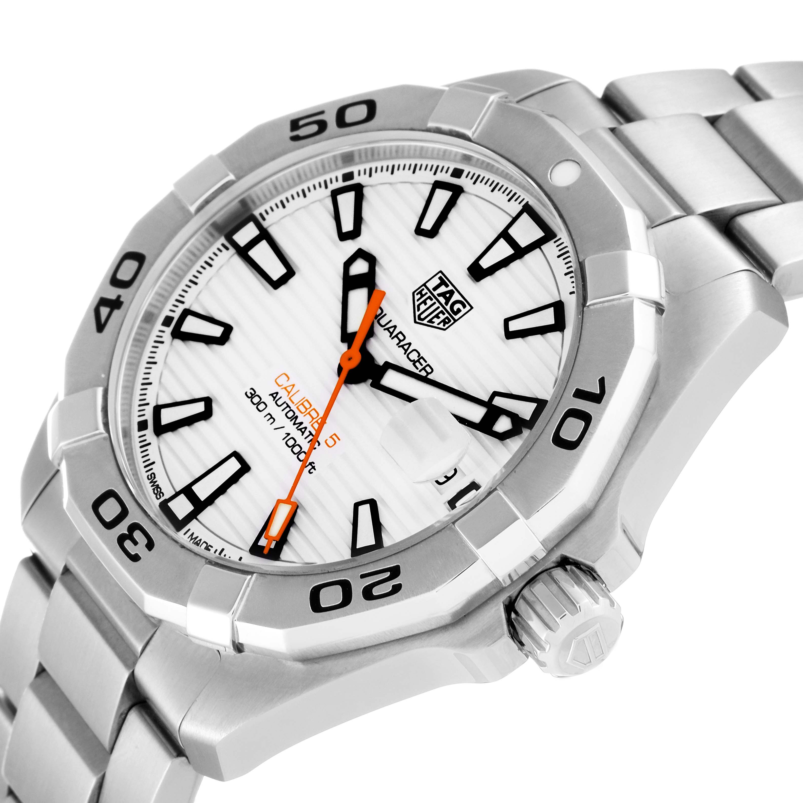 This close-up angled view of the Tag Heuer Aquaracer WBD2111.BA0928 Men's Stainless Steel White Dial WBD2111.BA0928 Men's Stainless Steel White Dial watch shows the dial, bezel, crown, and part of the bracelet.