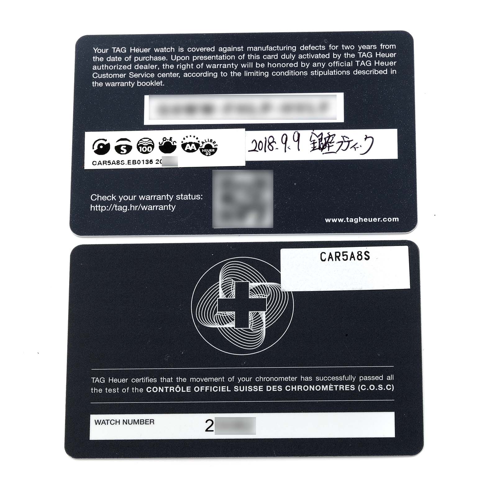 This image shows two Tag Heuer warranty and certification cards for the Limited Edition model.