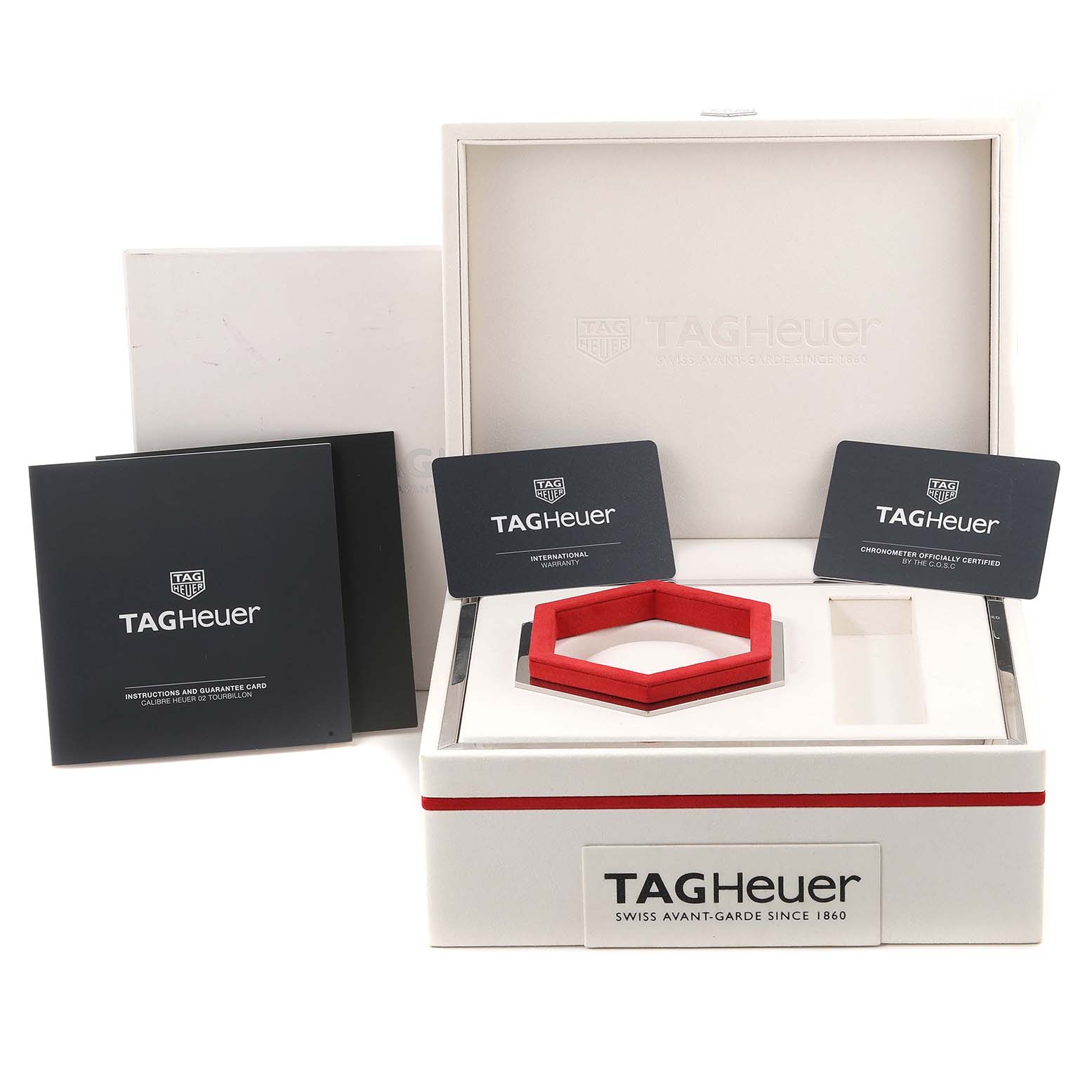The image shows a Tag Heuer Limited Edition CAR5A8S Men
s Titanium White Dial CAR5A8S Men
s Titanium White Dial model box, complete with manuals, cards, and a watch holder.