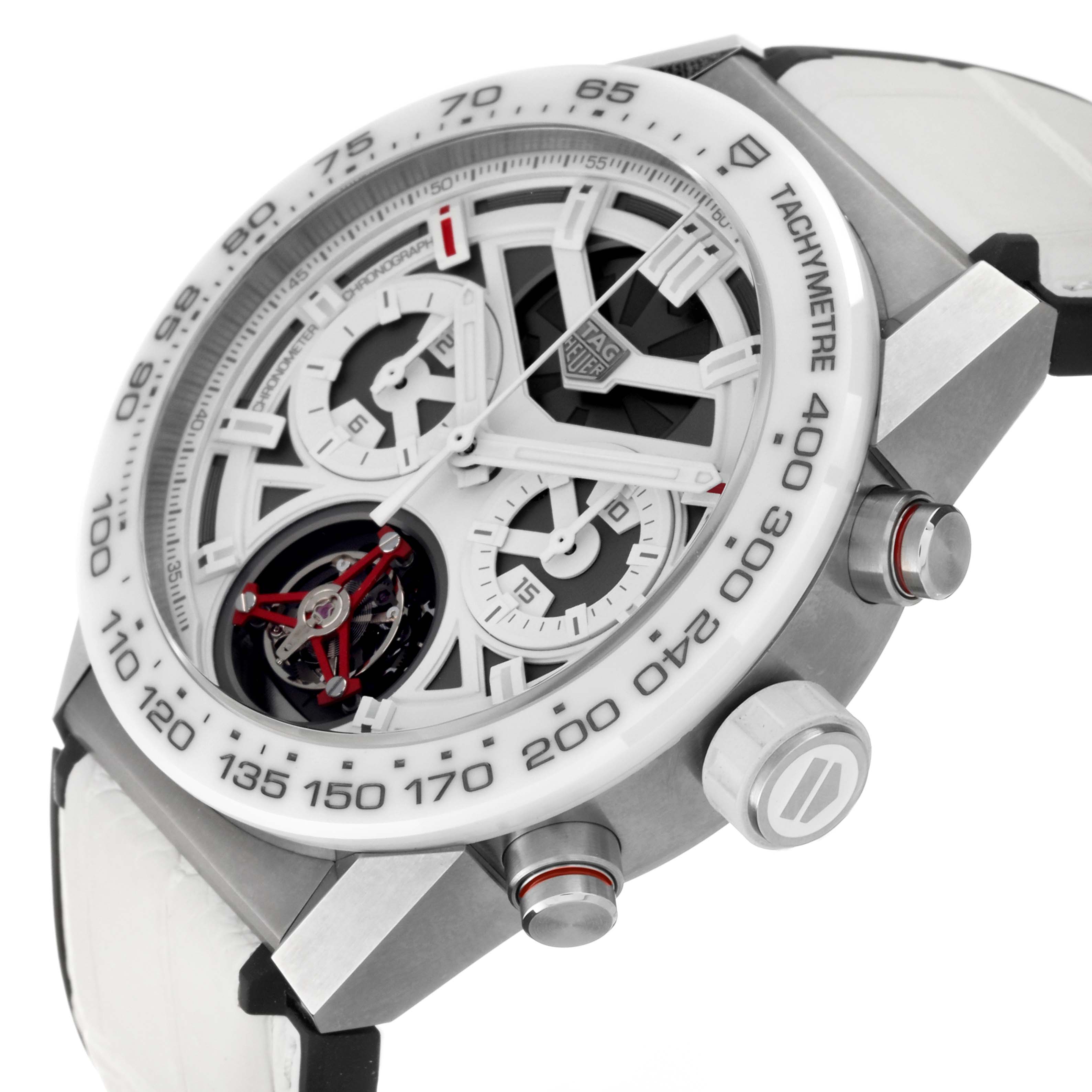 The image shows a side angle of the Tag Heuer Limited Edition CAR5A8S Men
s Titanium White Dial CAR5A8S Men
s Titanium White Dial watch, highlighting its bezel, dial, tachymeter scale, and crown.