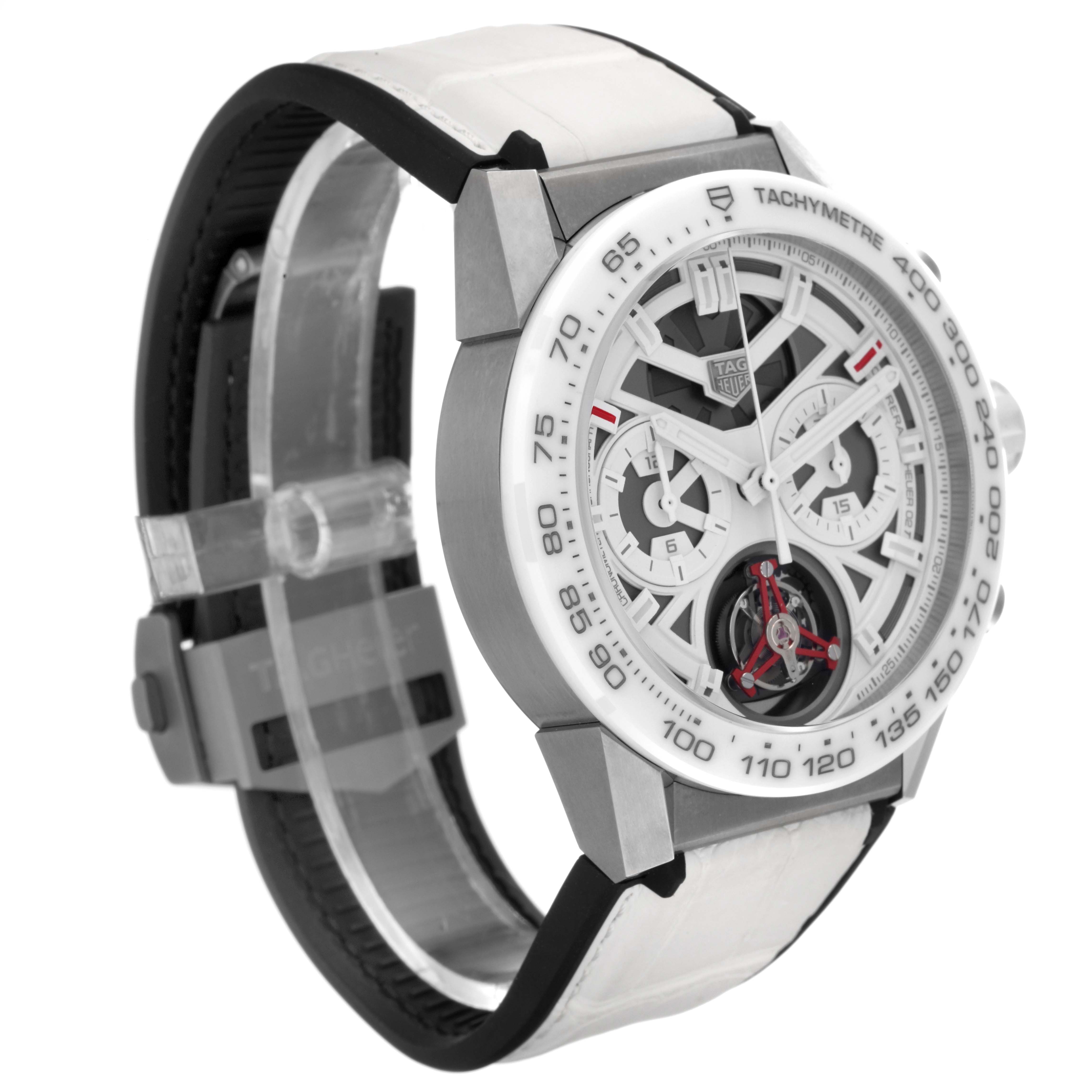 The image shows a side angle view of the Tag Heuer Limited Edition CAR5A8S Men
s Titanium White Dial CAR5A8S Men
s Titanium White Dial watch, highlighting its face, bezel, and strap.