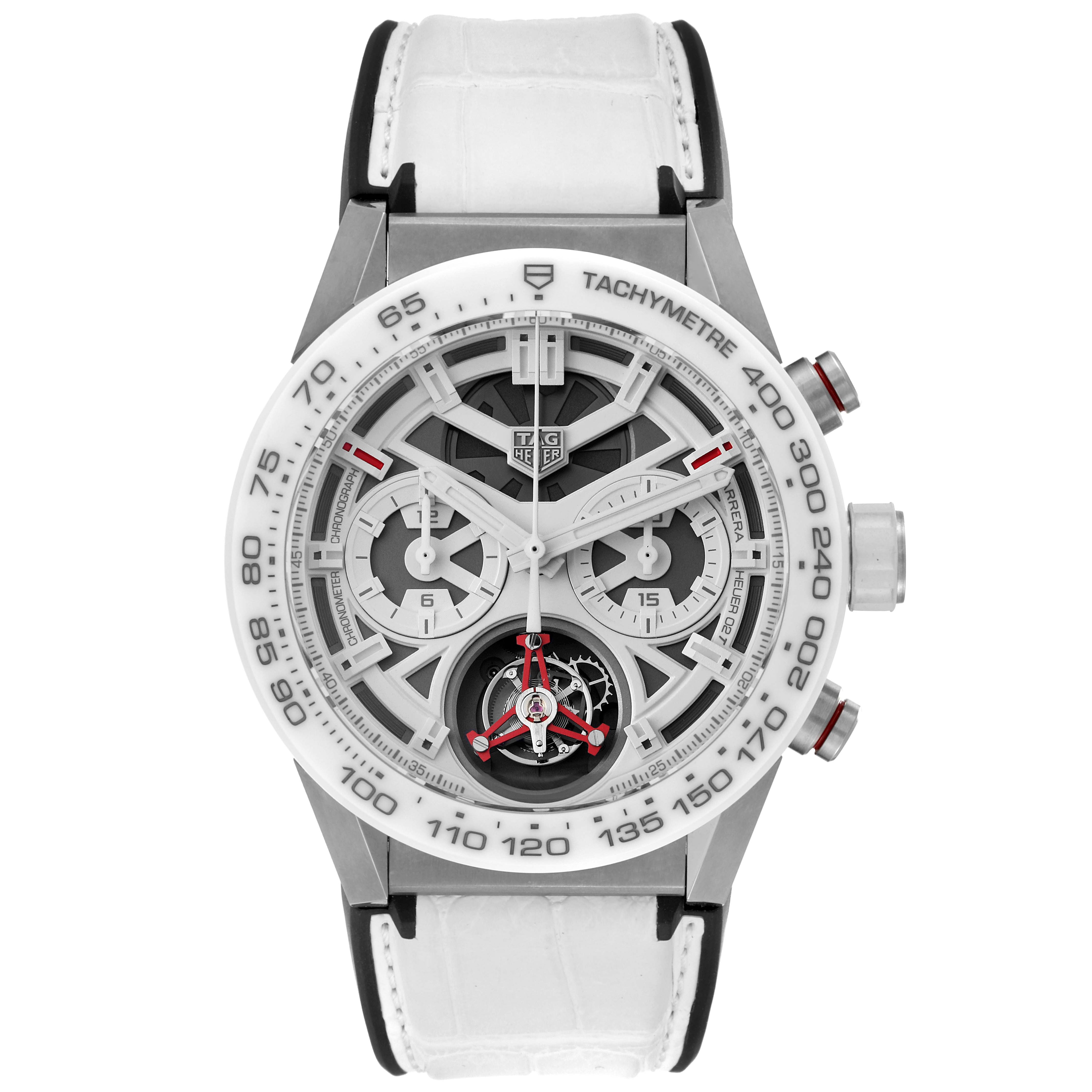This image shows a front view of the Tag Heuer Limited Edition CAR5A8S Men
s Titanium White Dial CAR5A8S Men
s Titanium White Dial watch with its white strap and detailed dial.