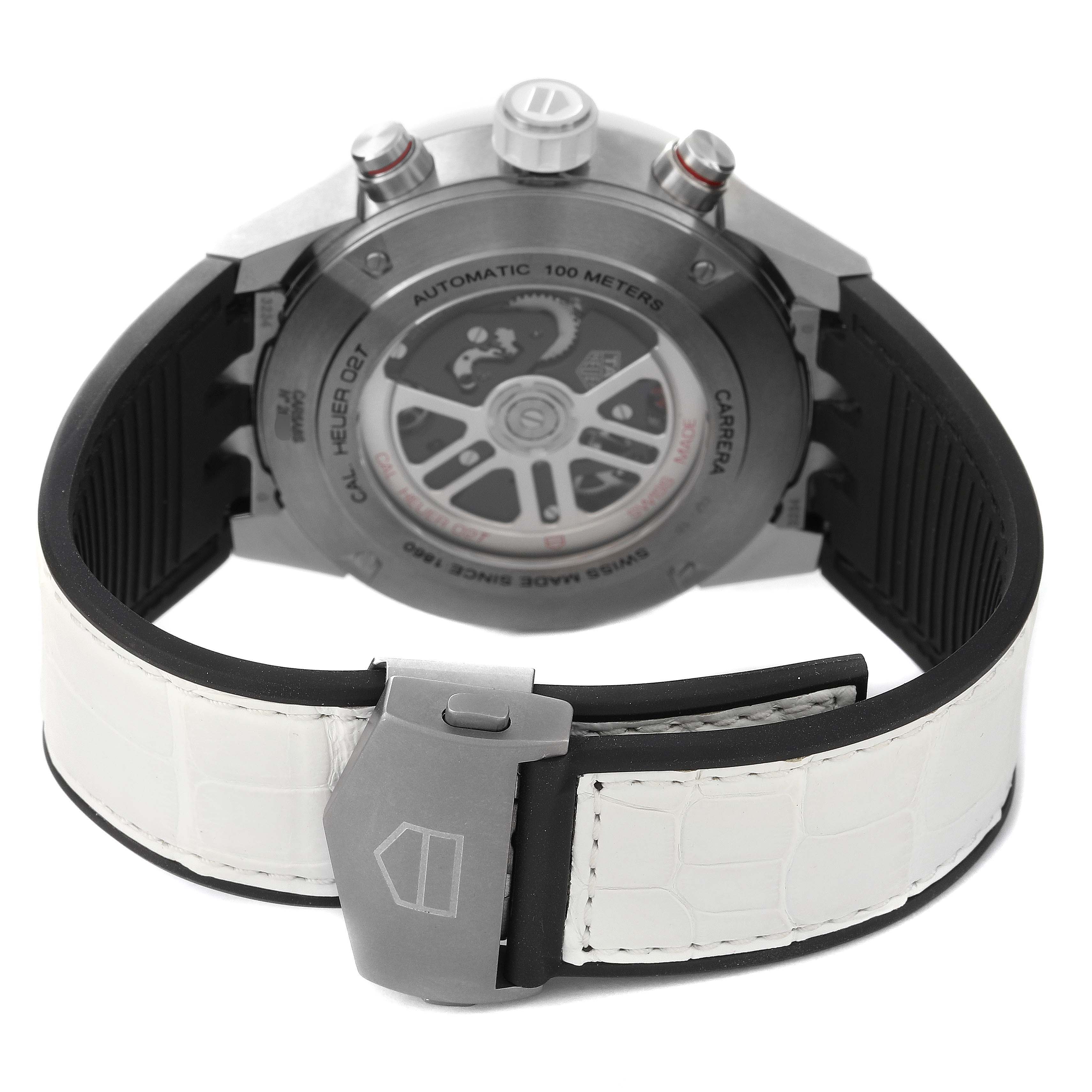 This image shows the back view of the Tag Heuer Carrera Limited Edition watch, highlighting its clasp, strap, and caseback.