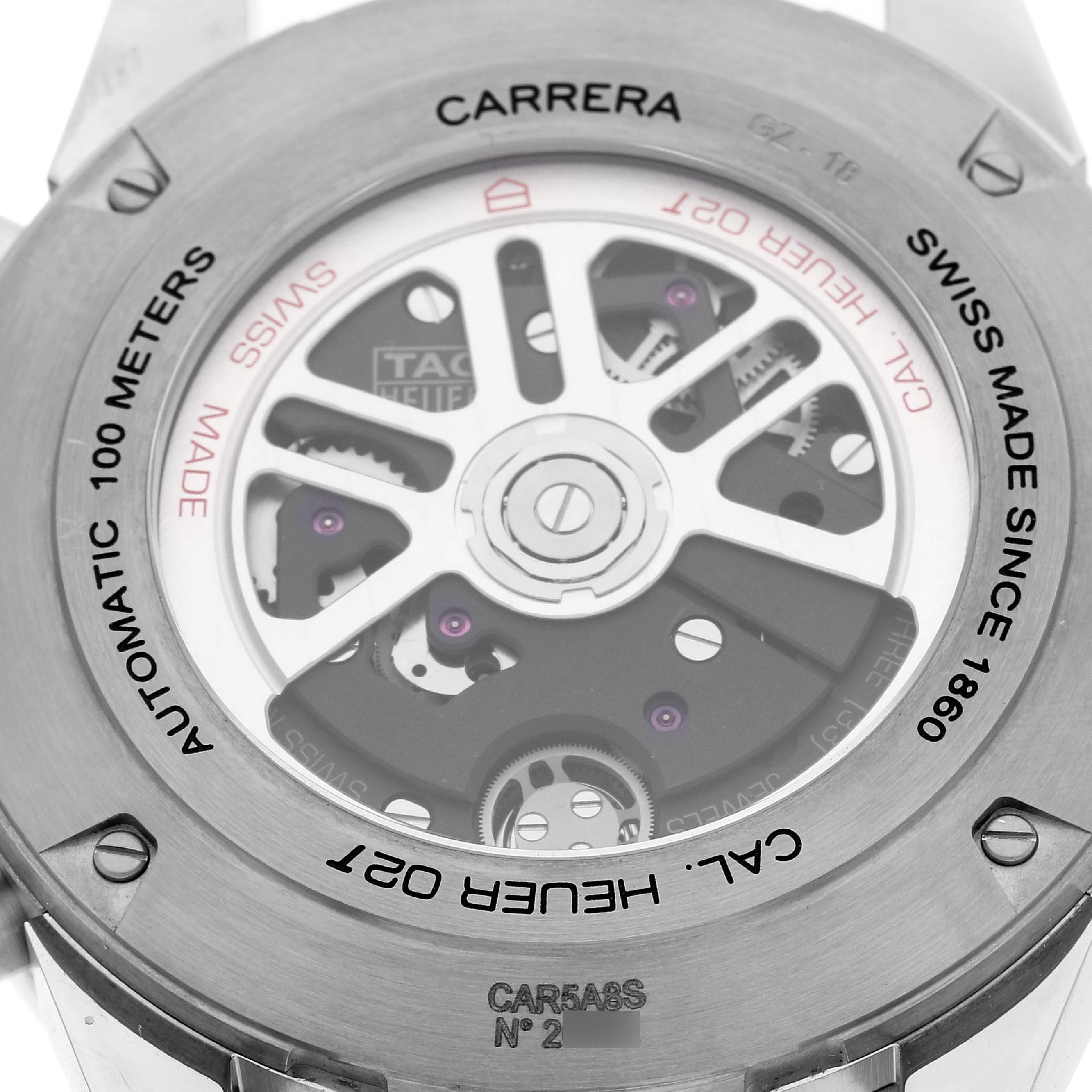 The image shows the backside of the Tag Heuer Carrera Limited Edition watch, displaying its movement and markings.