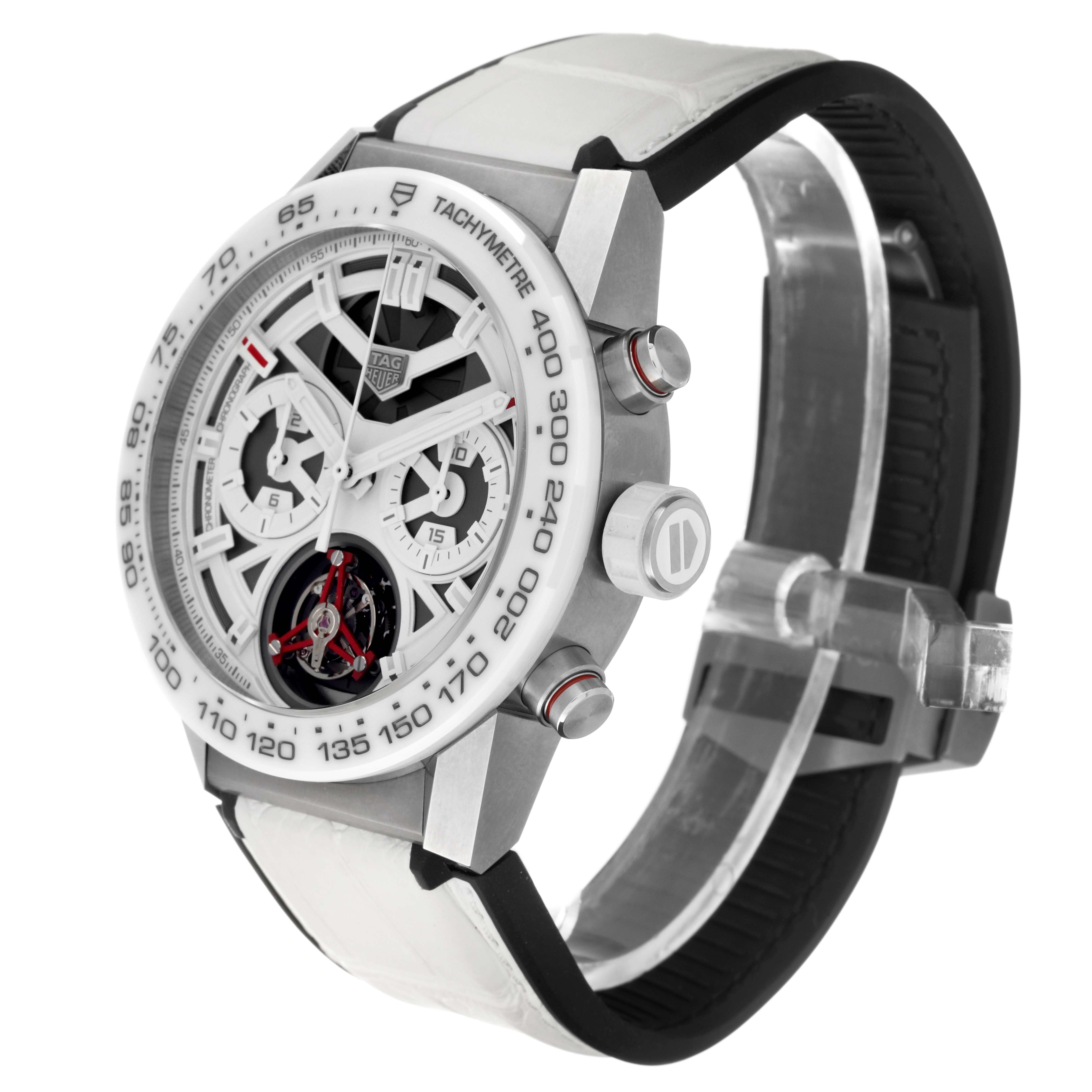 The Tag Heuer Limited Edition CAR5A8S Men
s Titanium White Dial CAR5A8S Men
s Titanium White Dial watch is shown at a three-quarter angle, highlighting its face, bezel, crown, and strap.