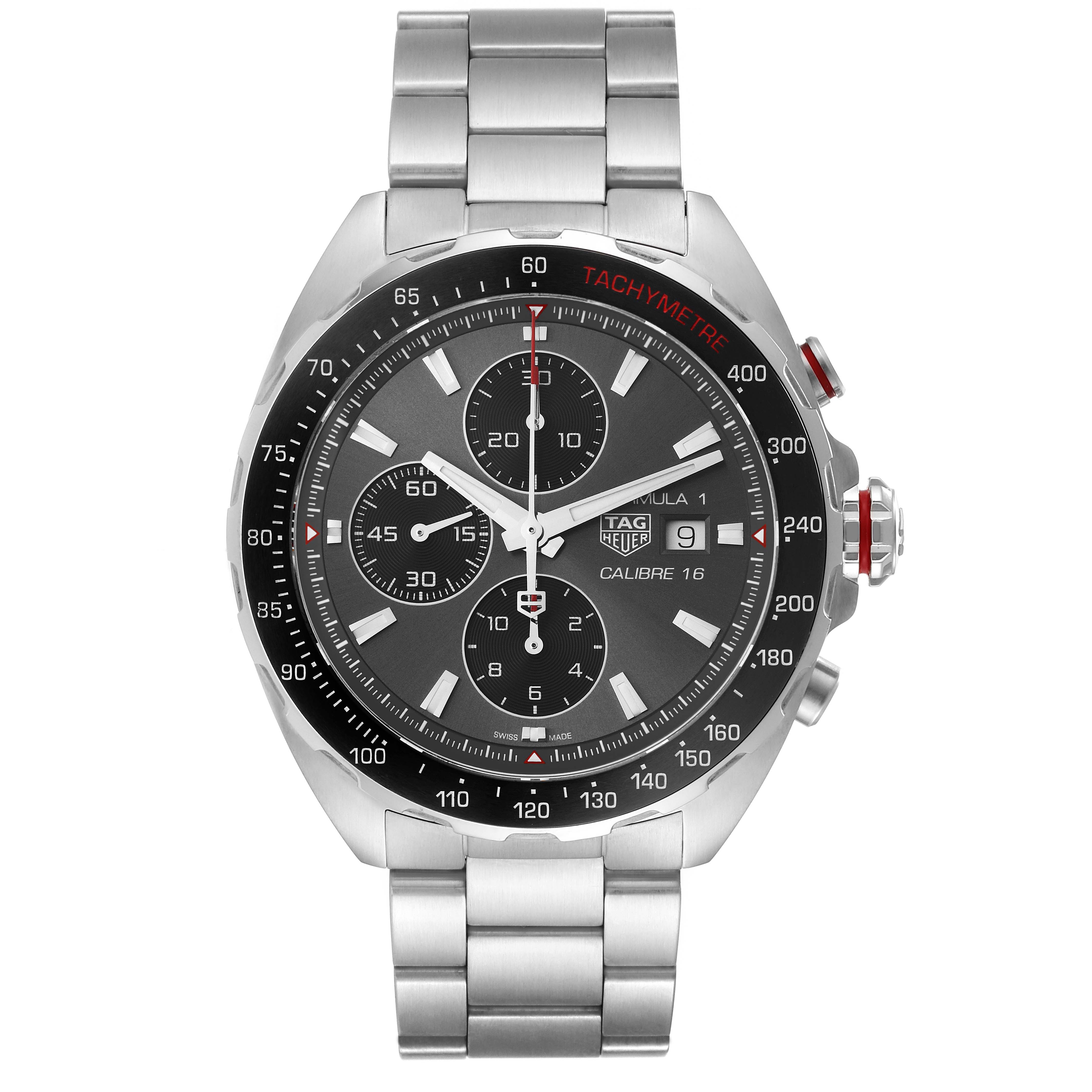 The Tag Heuer Formula 1 CAZ2012.BA0876 Men's Stainless Steel Grey Dial CAZ2012.BA0876 Men's Stainless Steel Grey Dial watch is shown from a front angle, displaying its dial, bezel, and metal bracelet.