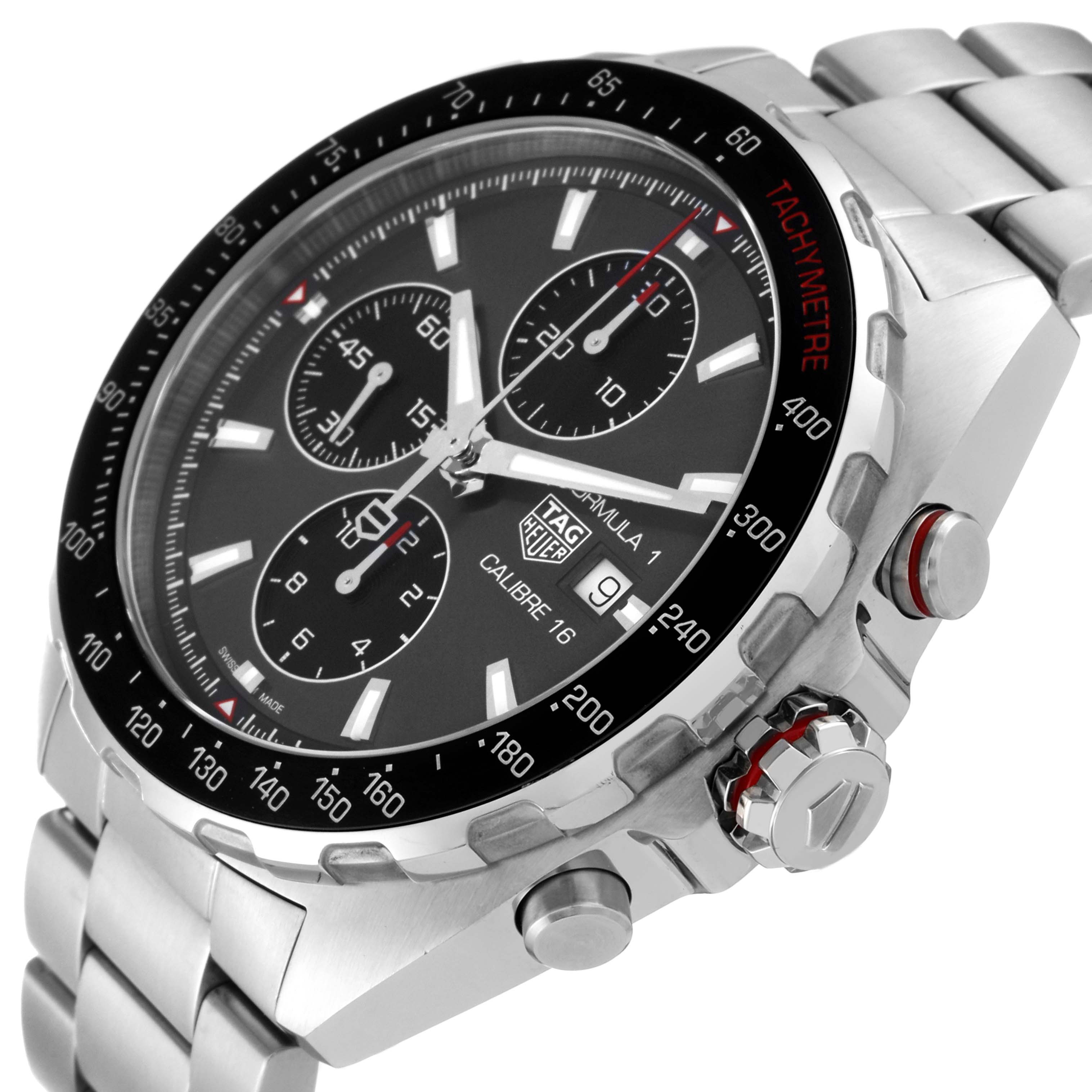 This image shows a close-up, angled view of the Tag Heuer Formula 1 CAZ2012.BA0876 Men's Stainless Steel Grey Dial CAZ2012.BA0876 Men's Stainless Steel Grey Dial watch face and side, highlighting the dial and crown.