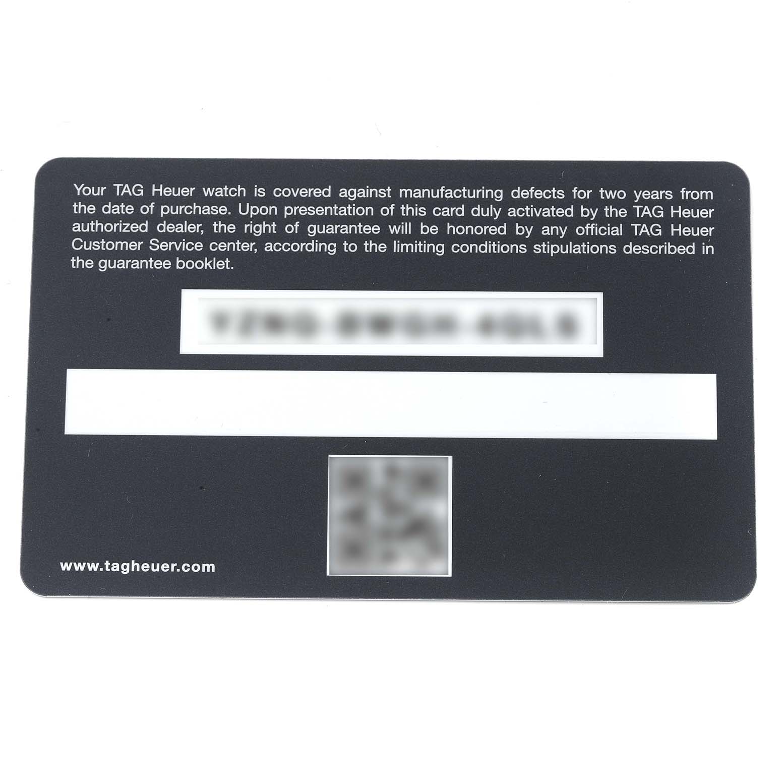 This image shows the warranty card for a Formula 1 model by Tag Heuer, featuring warranty text and blank fields for information.