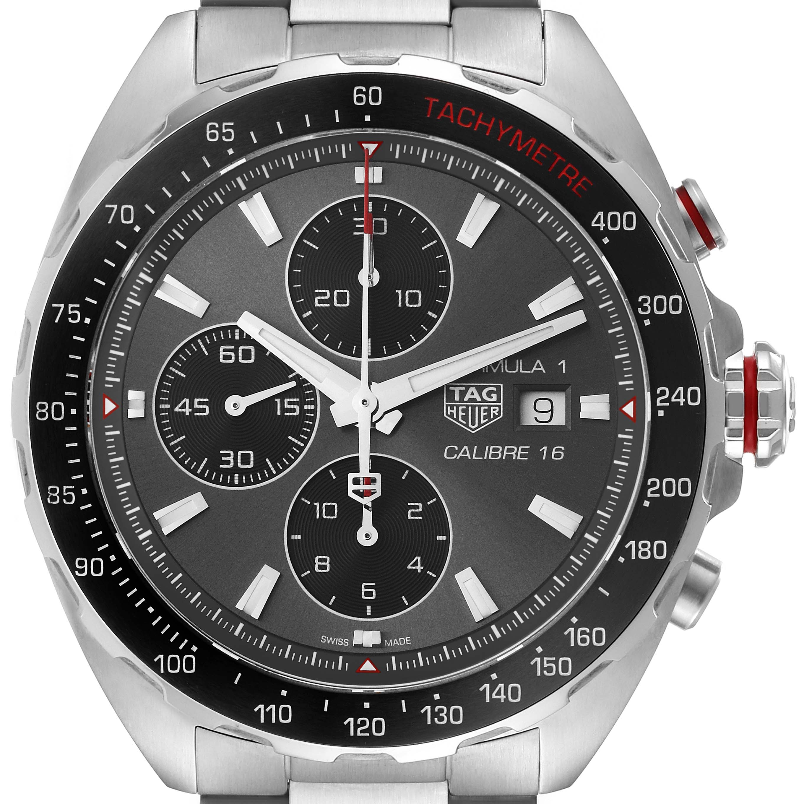 The image shows a close-up, front view of the Tag Heuer Formula 1 CAZ2012.BA0876 Men's Stainless Steel Grey Dial CAZ2012.BA0876 Men's Stainless Steel Grey Dial watch, highlighting its dial and tachymeter bezel.