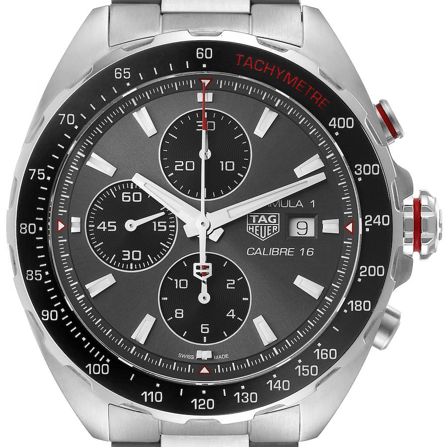 The image shows a close-up, front view of the Tag Heuer Formula 1 watch, highlighting its dial and tachymeter bezel.