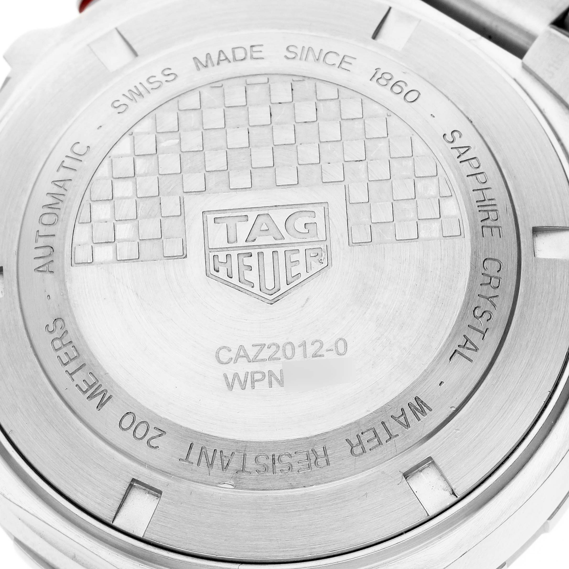 This image shows the back casing of a Tag Heuer Formula 1 CAZ2012.BA0876 Men's Stainless Steel Grey Dial CAZ2012.BA0876 Men's Stainless Steel Grey Dial watch, highlighting brand engravings and specifications.
