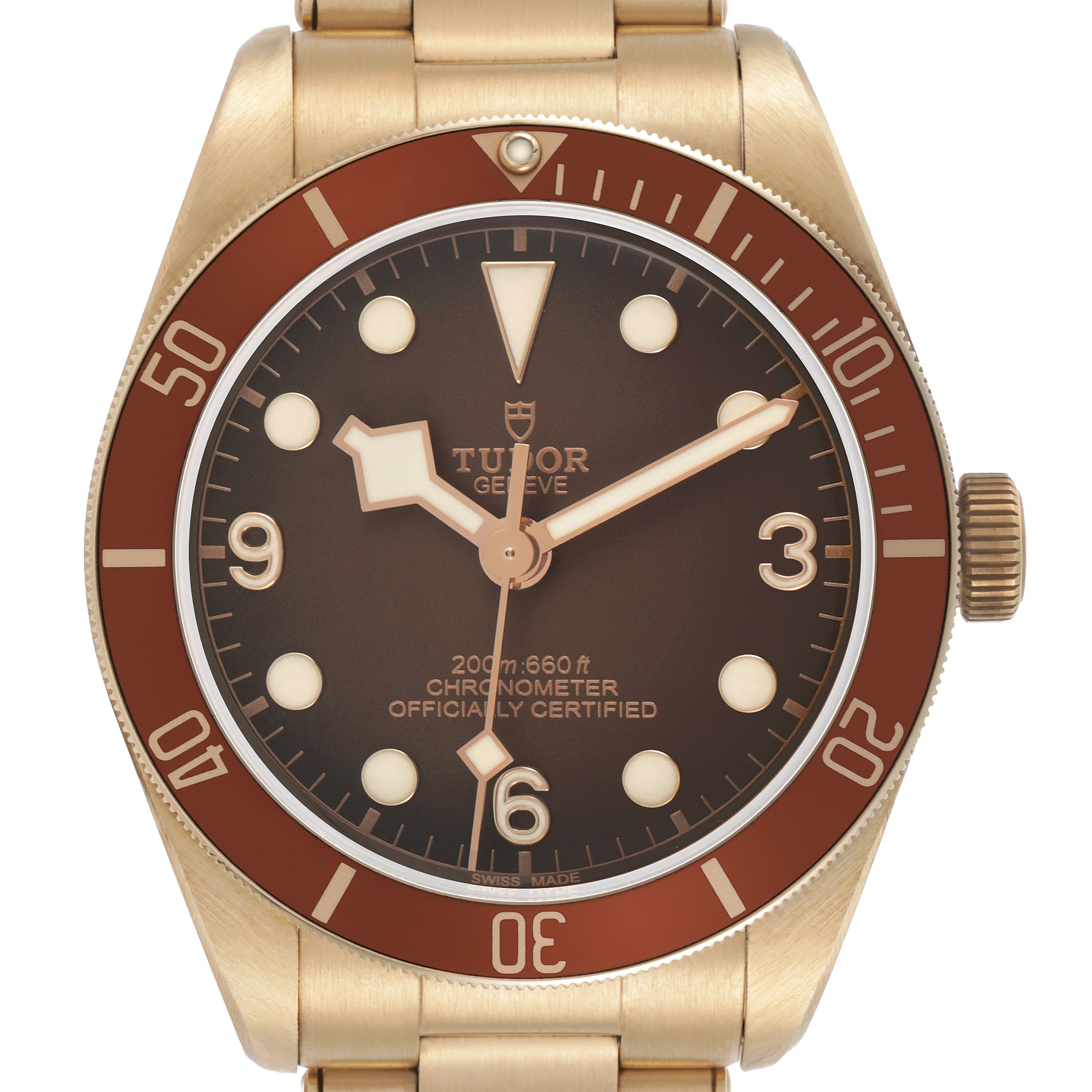 The Tudor Heritage Black Bay M79012M-0001 Men's Bronze Brown Dial watch is shown from the front, highlighting the dial, bezel, and crown.