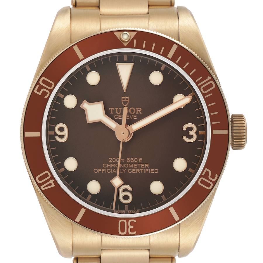 The Tudor Heritage Black Bay M79012M-0001 Men's Bronze Brown Dial watch is shown from the front, highlighting the dial, bezel, and crown.