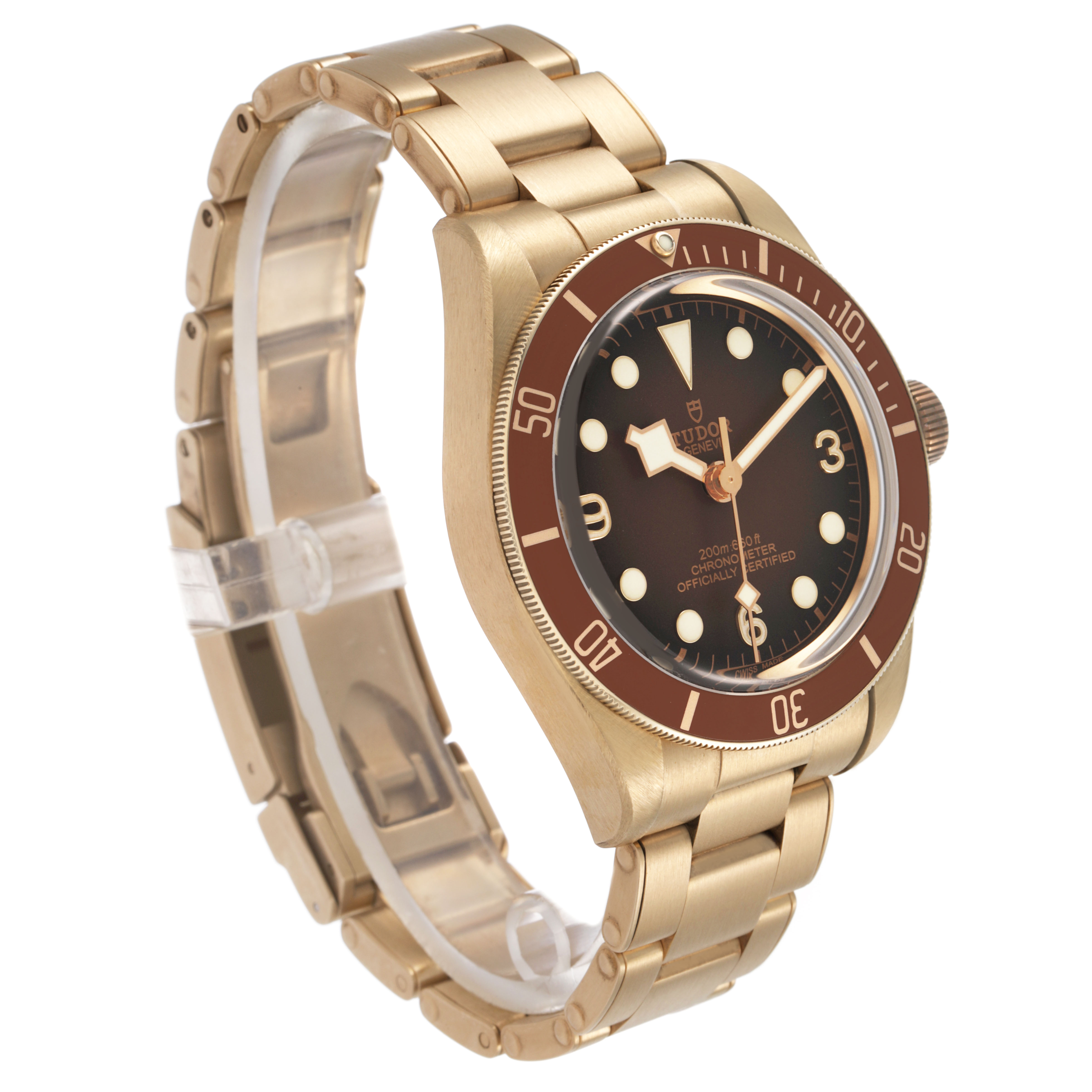 The Tudor Heritage Black Bay M79012M-0001 Men's Bronze Brown Dial watch is shown at a three-quarter angle, highlighting its bezel, dial, case, and bracelet.