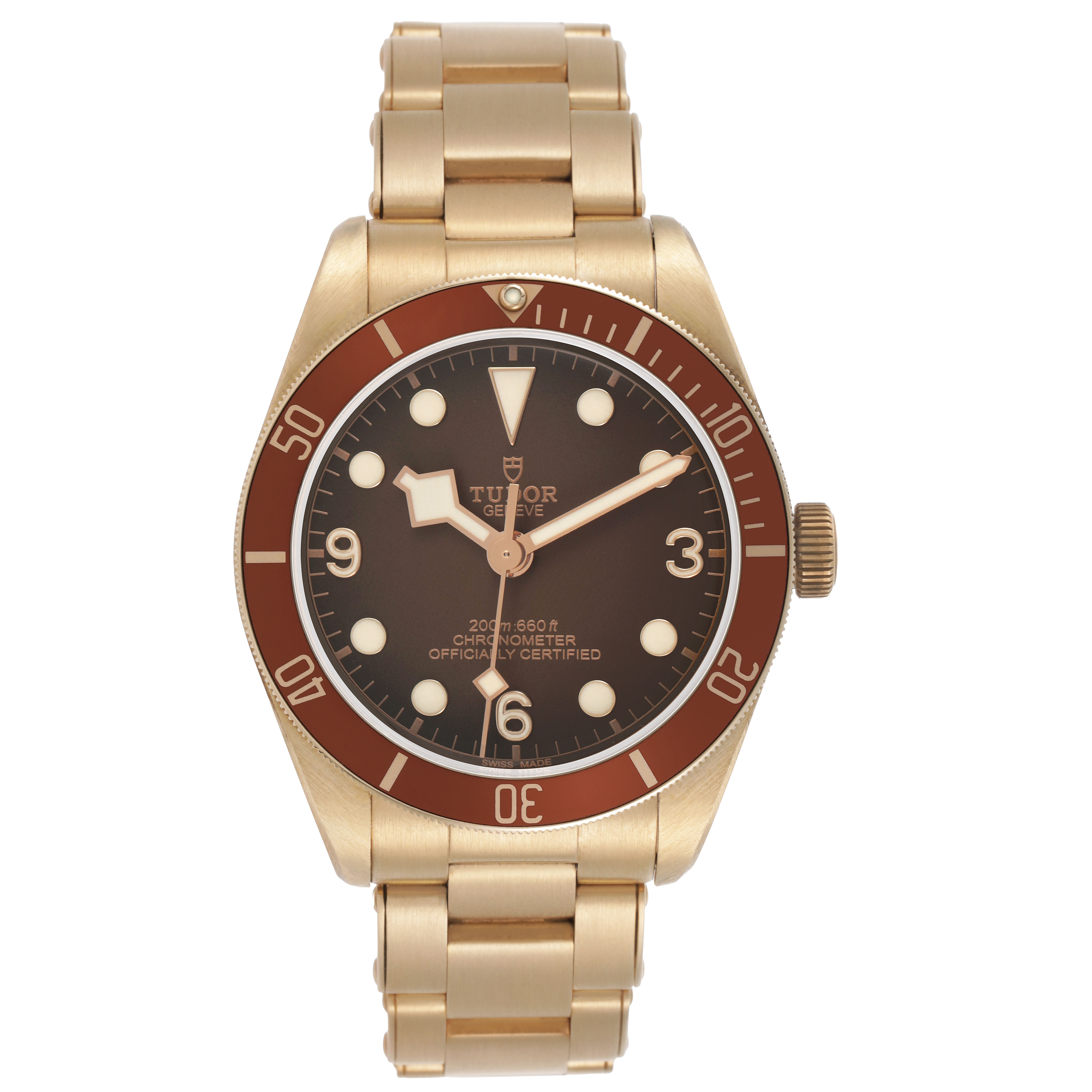 The Tudor Heritage Black Bay M79012M-0001 Men's Bronze Brown Dial is shown from a top-down angle, displaying its face, bezel, and bracelet.
