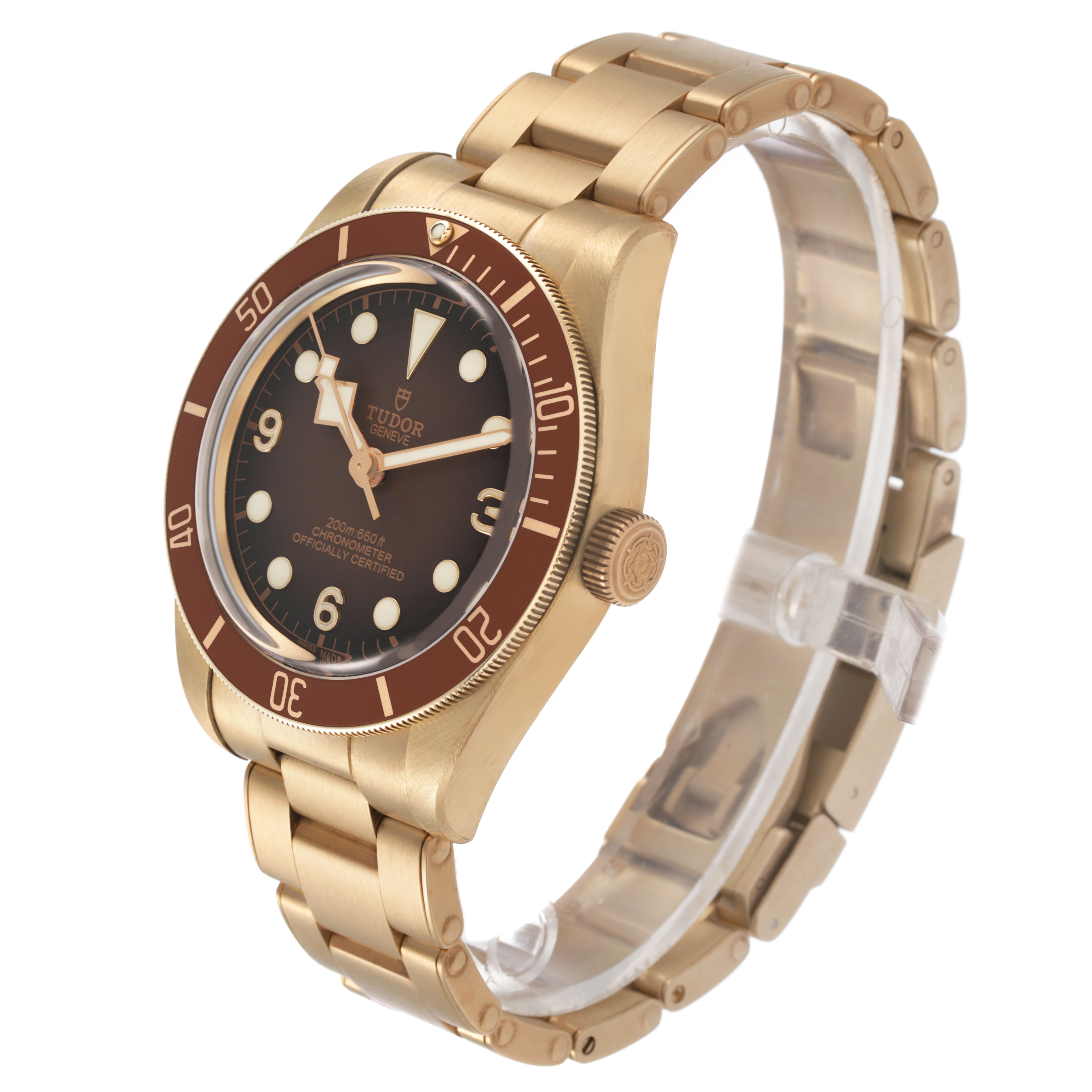 The Tudor Heritage Black Bay M79012M-0001 Men's Bronze Brown Dial watch is shown at a three-quarter angle, displaying the bezel, dial, crown, and bracelet.