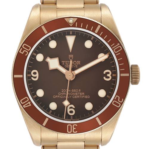 The Tudor Heritage Black Bay M79012M-0001 Men's Bronze Brown Dial watch is shown from the front, displaying its dial, bezel, and part of the bracelet.