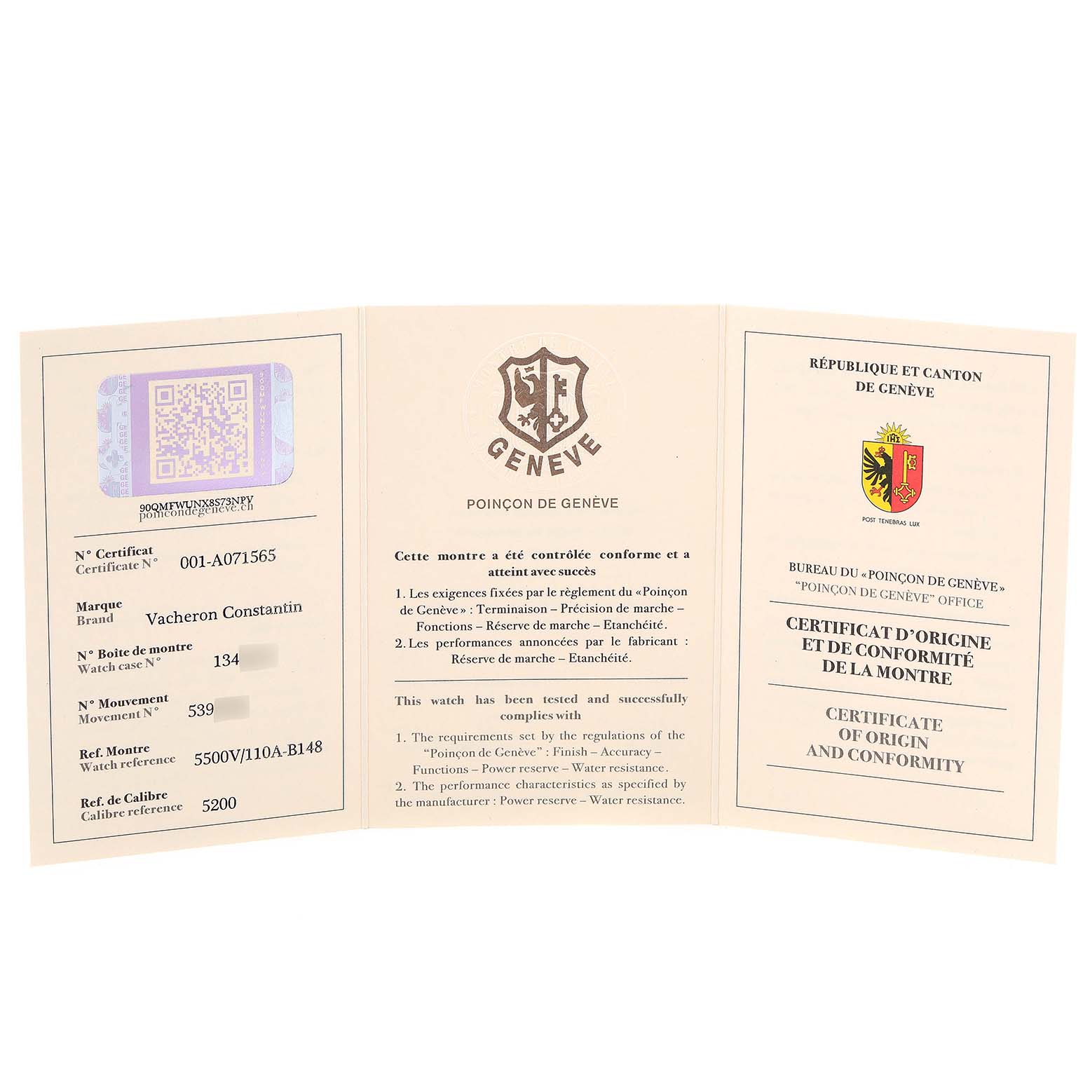 The image shows an open certificate for a Vacheron Constantin Overseas 5500V/110A-B148 Men's Stainless Steel Blue Dial 5500V/110A-B148 Men's Stainless Steel Blue Dial watch, detailing authenticity and origin.