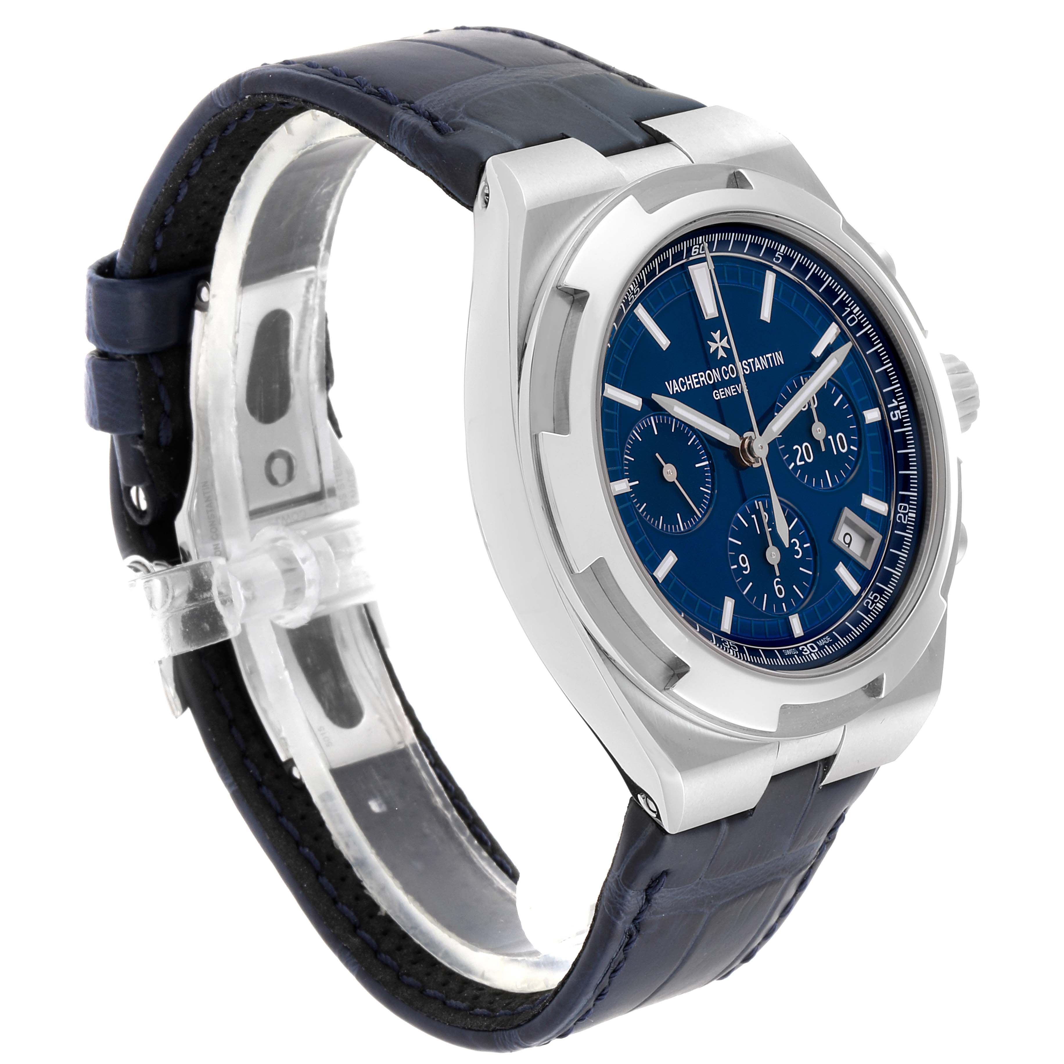 The Vacheron Constantin Overseas 5500V/110A-B148 Men's Stainless Steel Blue Dial 5500V/110A-B148 Men's Stainless Steel Blue Dial watch is shown from an angled front view, highlighting the blue dial, chronograph subdials, and strap.