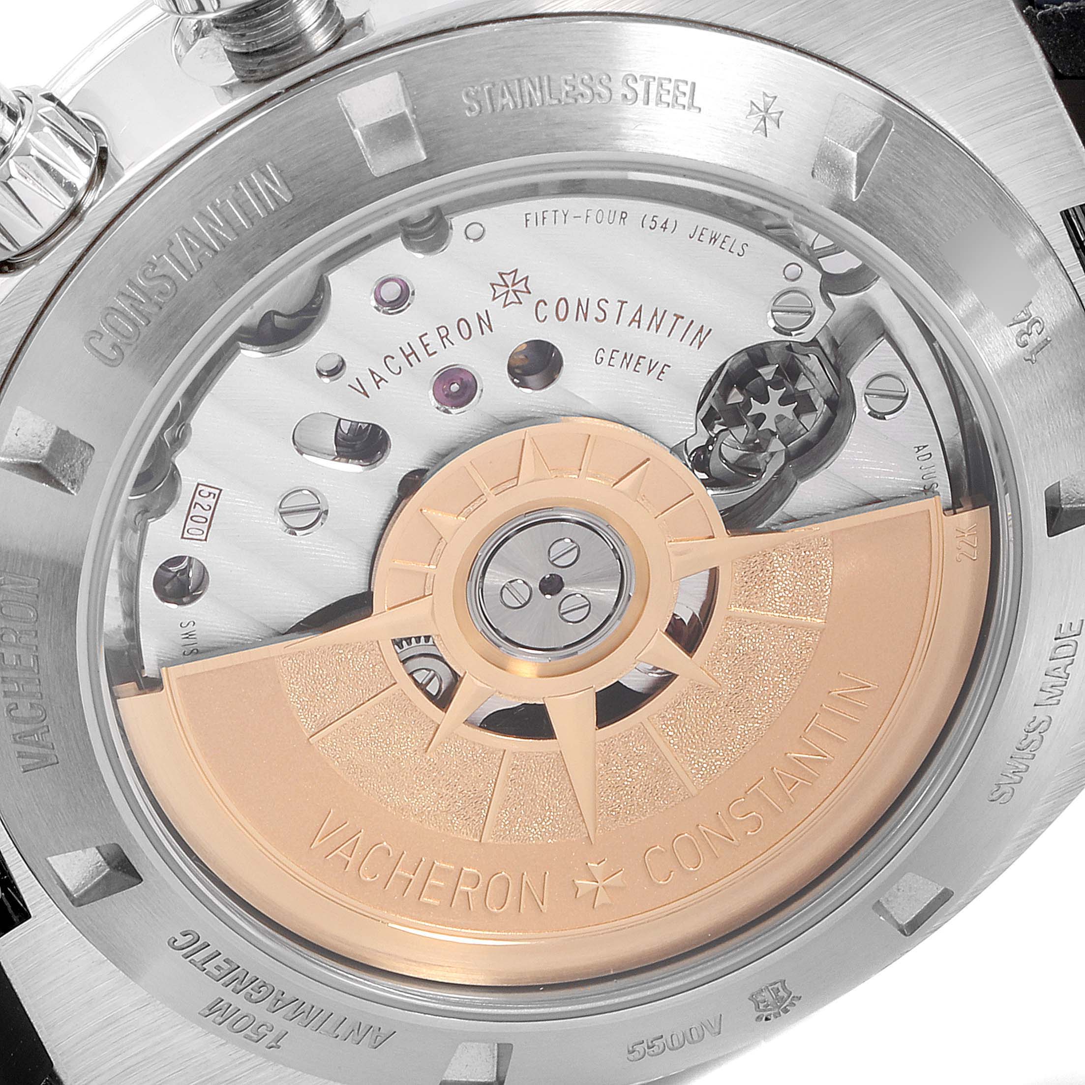 This image shows the case back of the Vacheron Constantin Overseas 5500V/110A-B148 Men's Stainless Steel Blue Dial 5500V/110A-B148 Men's Stainless Steel Blue Dial watch, highlighting its automatic movement.