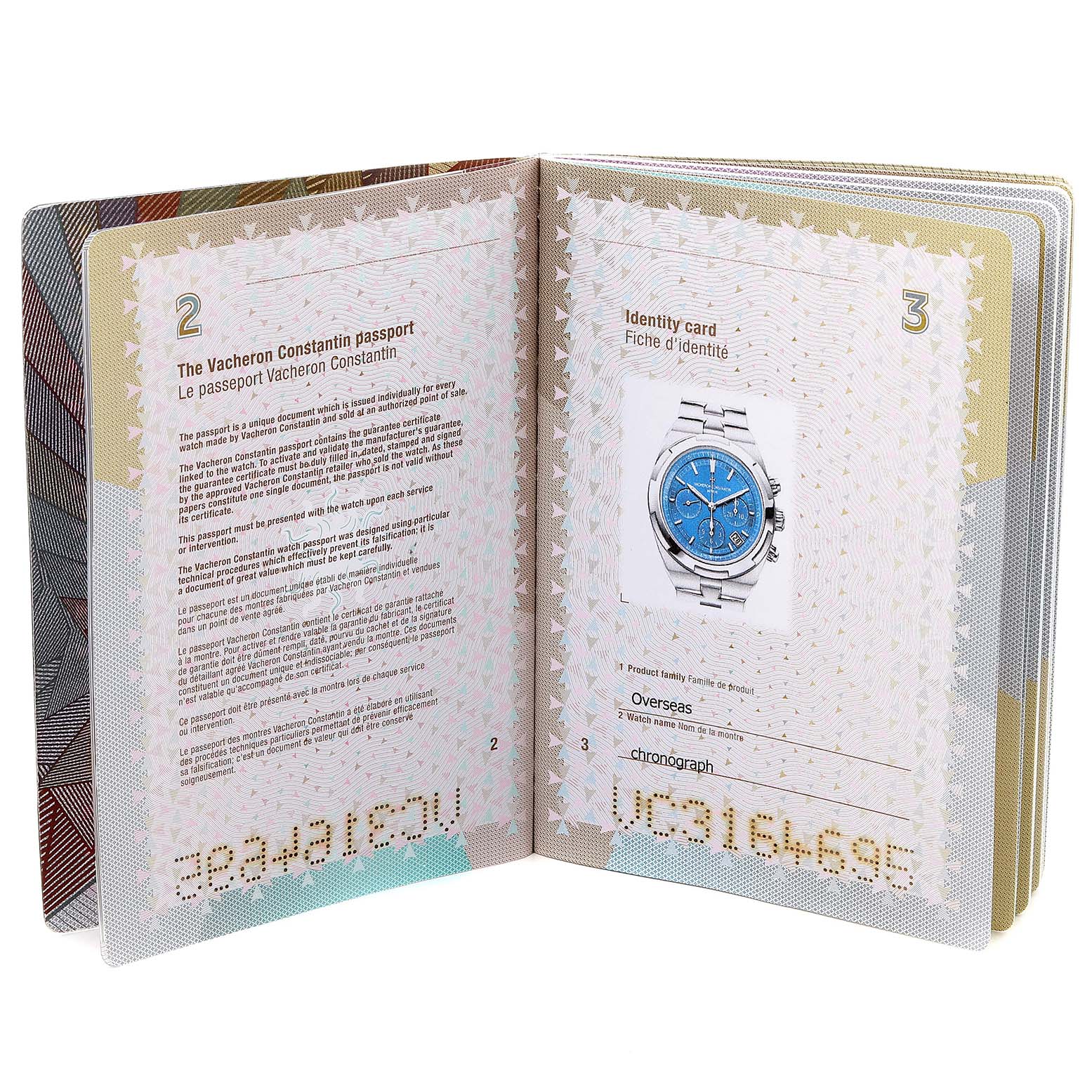 The image shows the identity card of a Vacheron Constantin Overseas 5500V/110A-B148 Men's Stainless Steel Blue Dial 5500V/110A-B148 Men's Stainless Steel Blue Dial model watch with a blue dial, displayed inside a booklet.