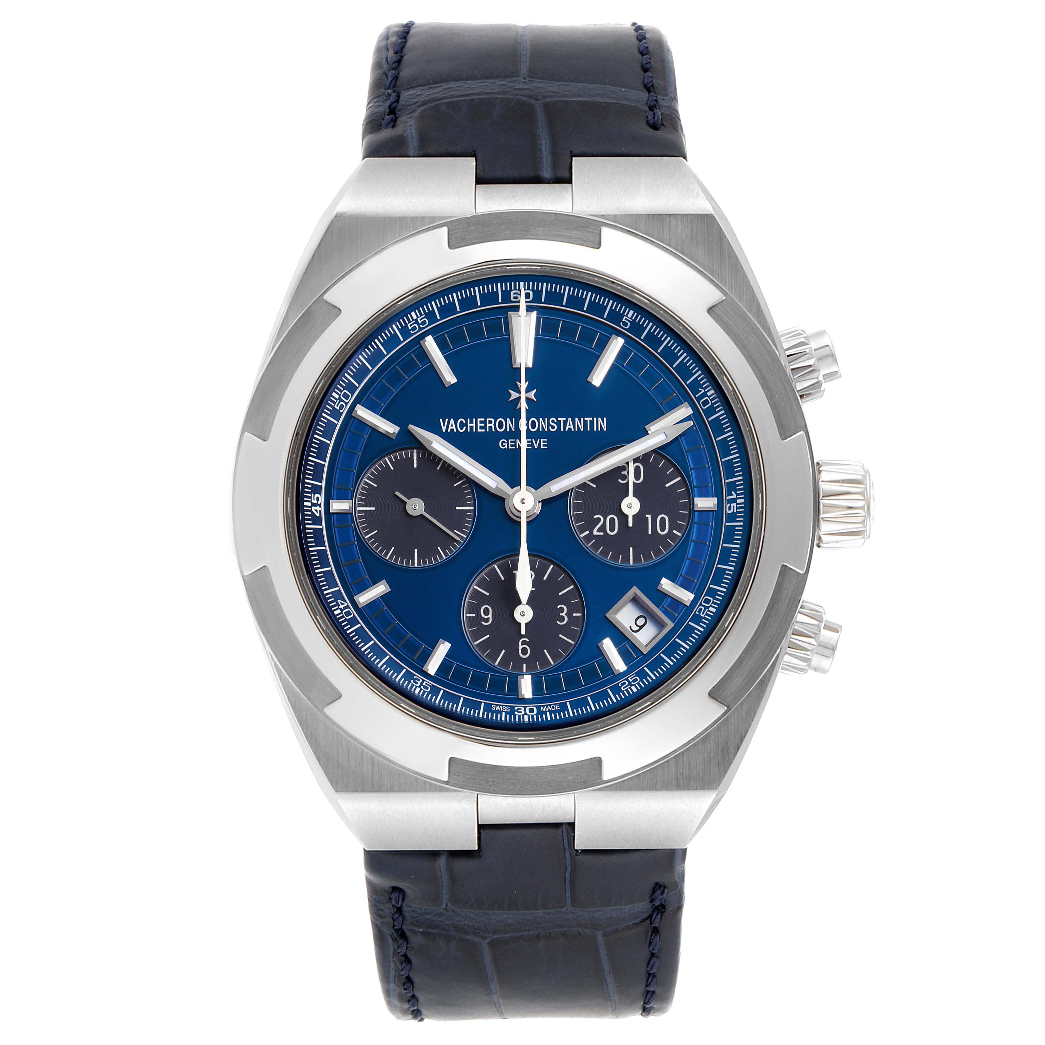 The image shows a front view of a Vacheron Constantin Overseas 5500V/110A-B148 Men's Stainless Steel Blue Dial 5500V/110A-B148 Men's Stainless Steel Blue Dial watch, highlighting its blue dial, chronograph subdials, and leather strap.