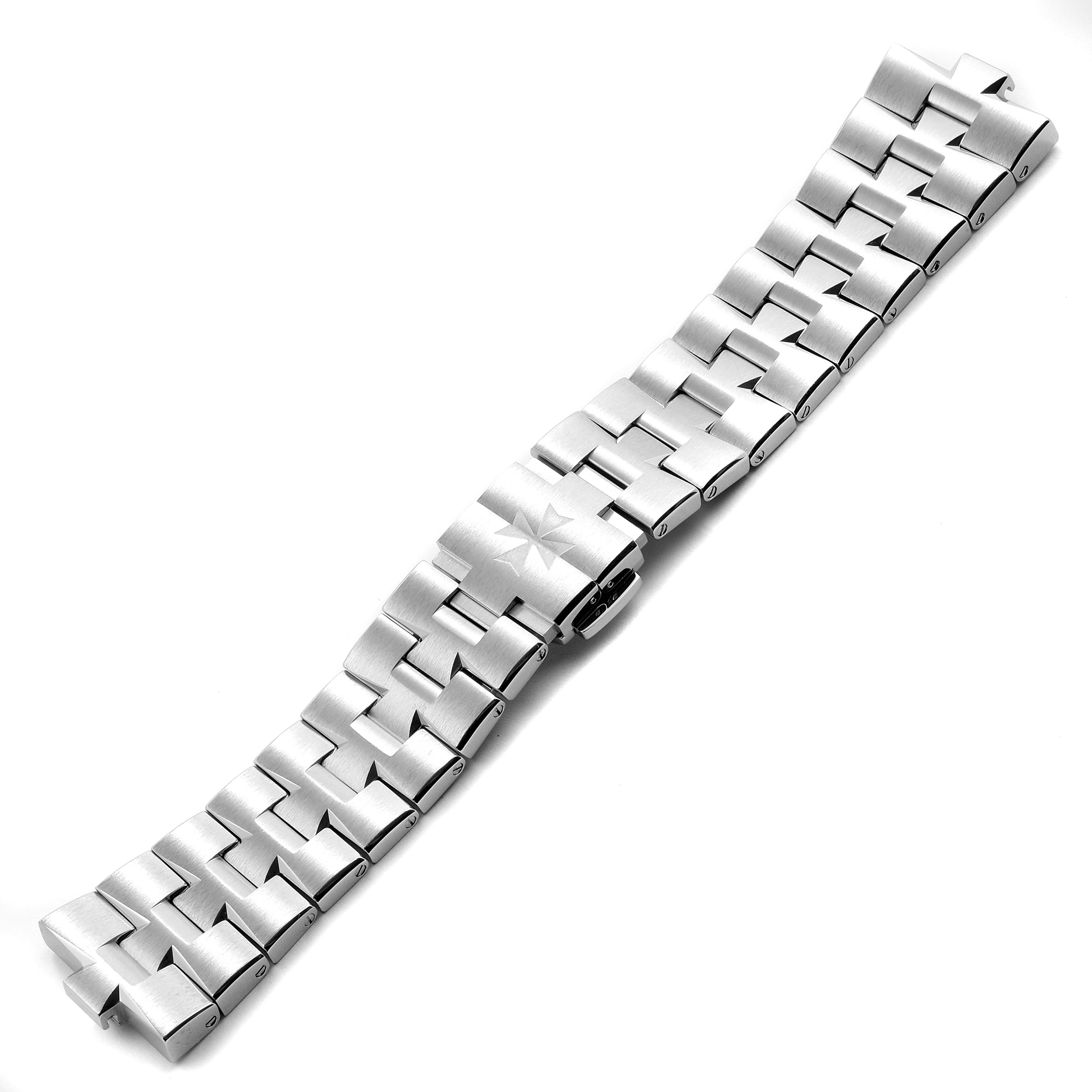 This image shows a stainless steel bracelet for the Overseas model by Vacheron Constantin, featuring a Maltese cross clasp.