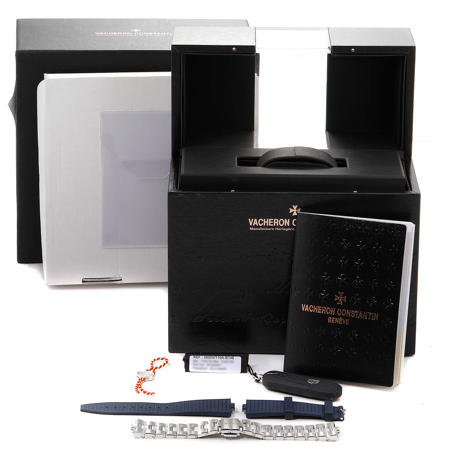 The image shows the packaging, booklet, manual, and interchangeable straps for a Vacheron Constantin Overseas 5500V/110A-B148 Men's Stainless Steel Blue Dial 5500V/110A-B148 Men's Stainless Steel Blue Dial model watch.