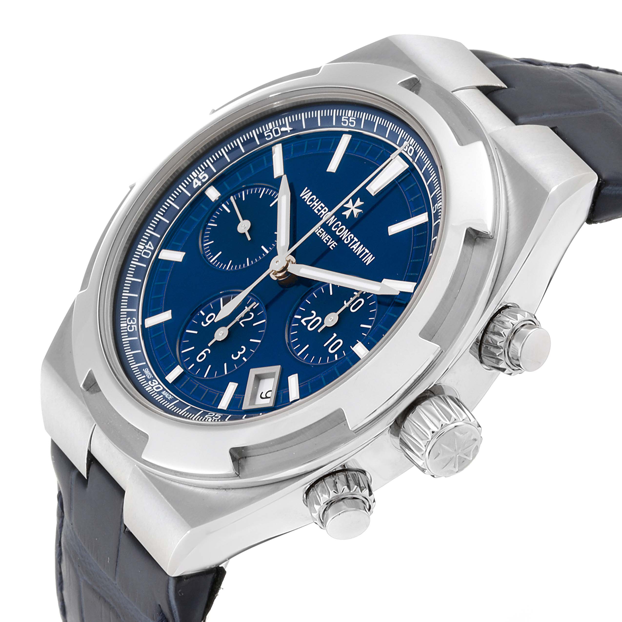 This image shows a side view of the Vacheron Constantin Overseas 5500V/110A-B148 Men's Stainless Steel Blue Dial 5500V/110A-B148 Men's Stainless Steel Blue Dial watch, highlighting its dials, crown, and blue face.