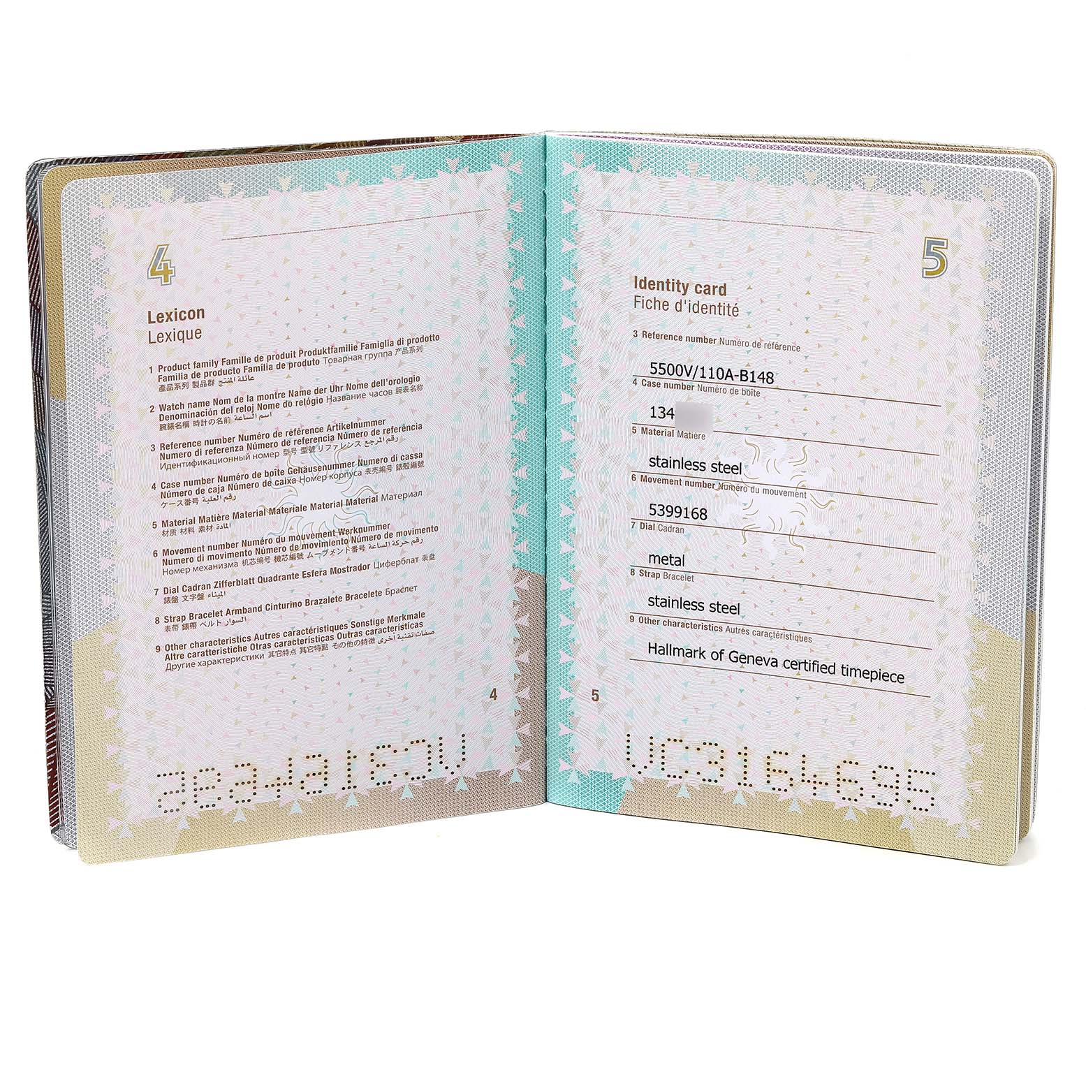 The image shows the identification booklet for the Vacheron Constantin Overseas 5500V/110A-B148 Men's Stainless Steel Blue Dial 5500V/110A-B148 Men's Stainless Steel Blue Dial model, displaying pages with specific details.