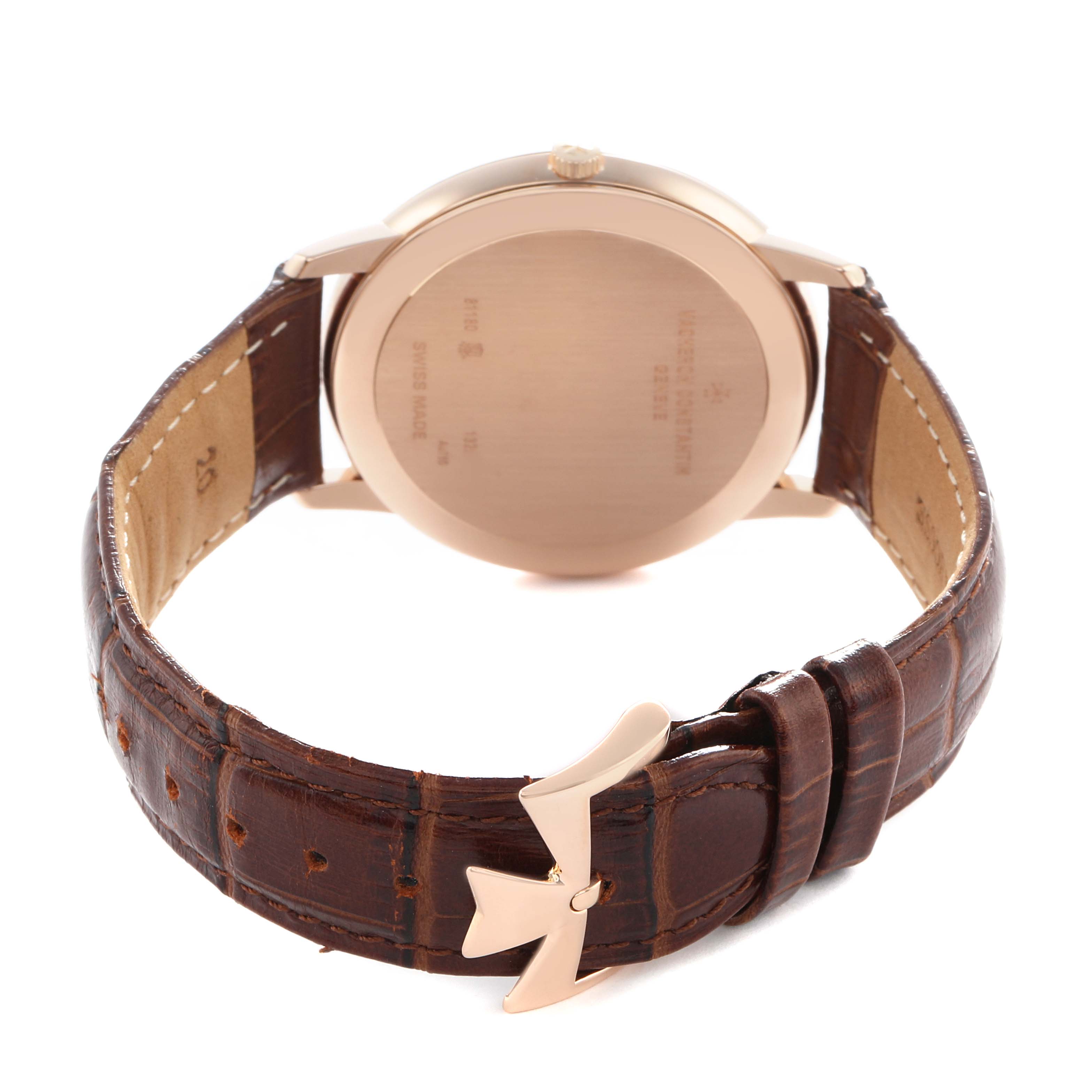 The image shows the back of the Vacheron Constantin Patrimony 81180 Men
s Rose Gold Grey Dial watch with its strap and buckle visible.