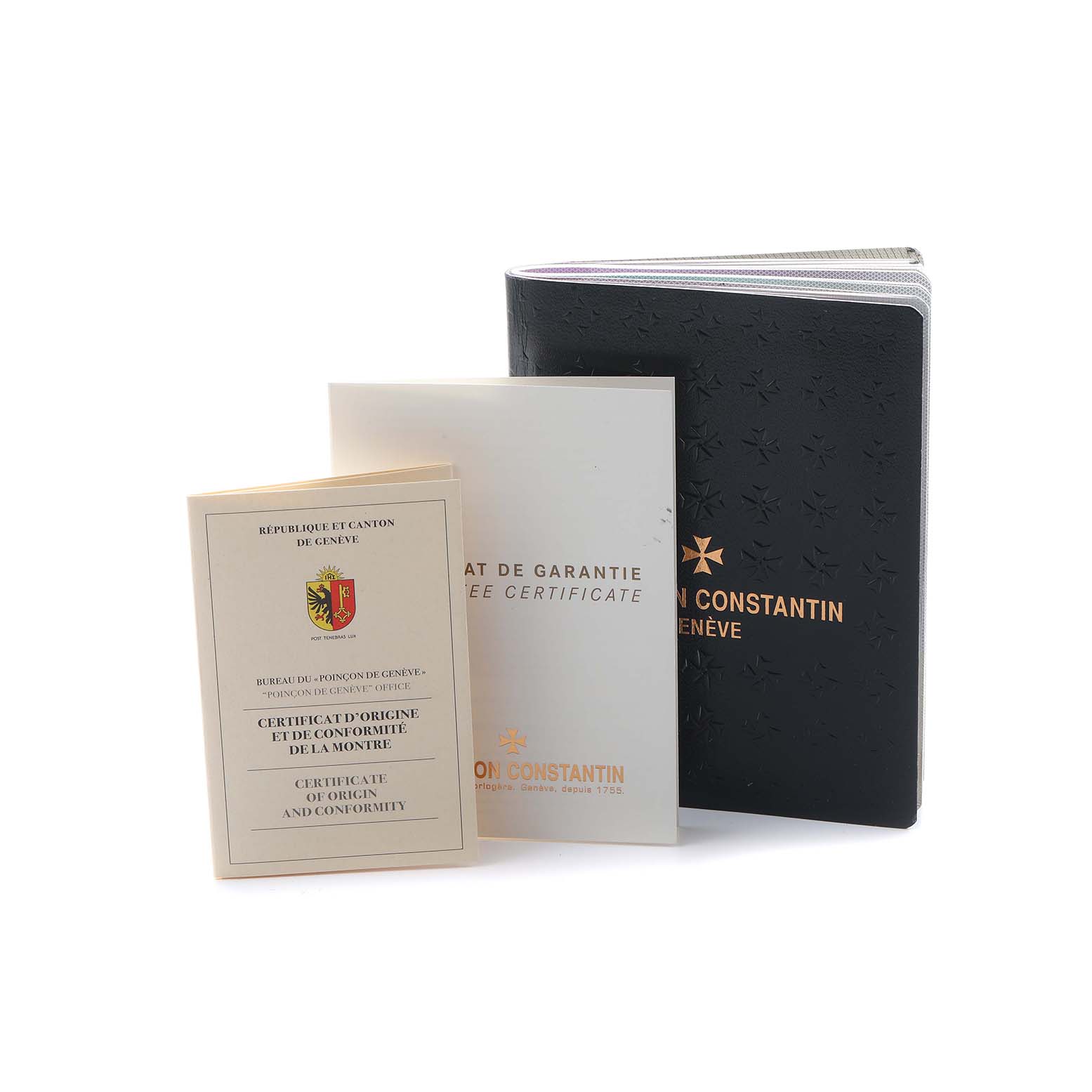 The image shows paperwork and certificates for a Vacheron Constantin Patrimony 81180 Men
s Rose Gold Grey Dial watch, including a warranty and certificate of origin.