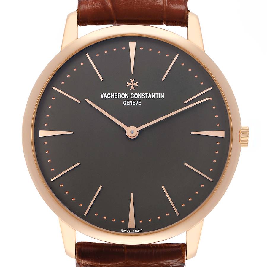 The Vacheron Constantin Patrimony 81180 Men's Rose Gold Grey Dial watch is shown from a front angle, highlighting the dial, hands, indices, case, and crown.
