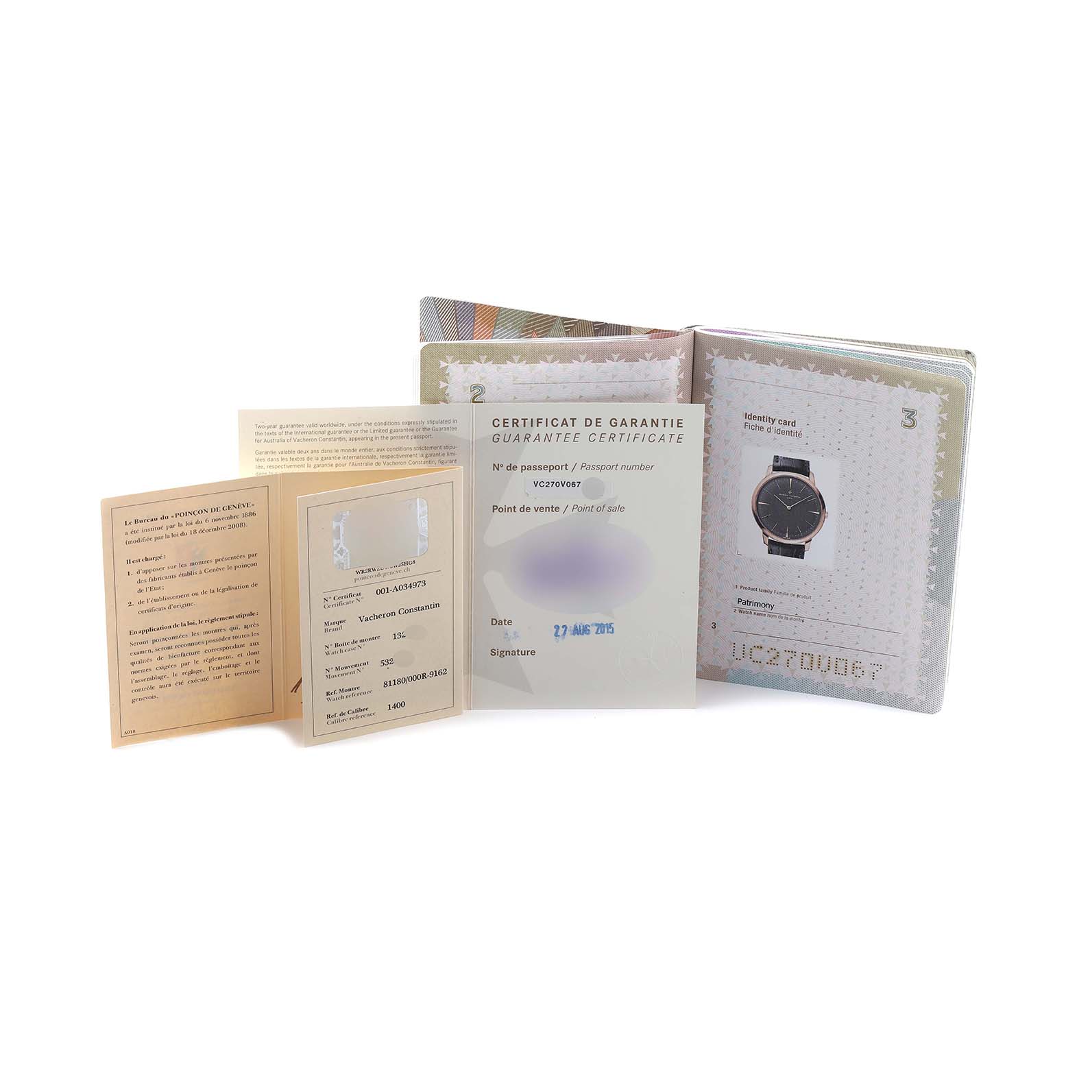 The image features warranty and identity card documents, showcasing Vacheron Constantin Patrimony 81180 Men
s Rose Gold Grey Dial watch details.