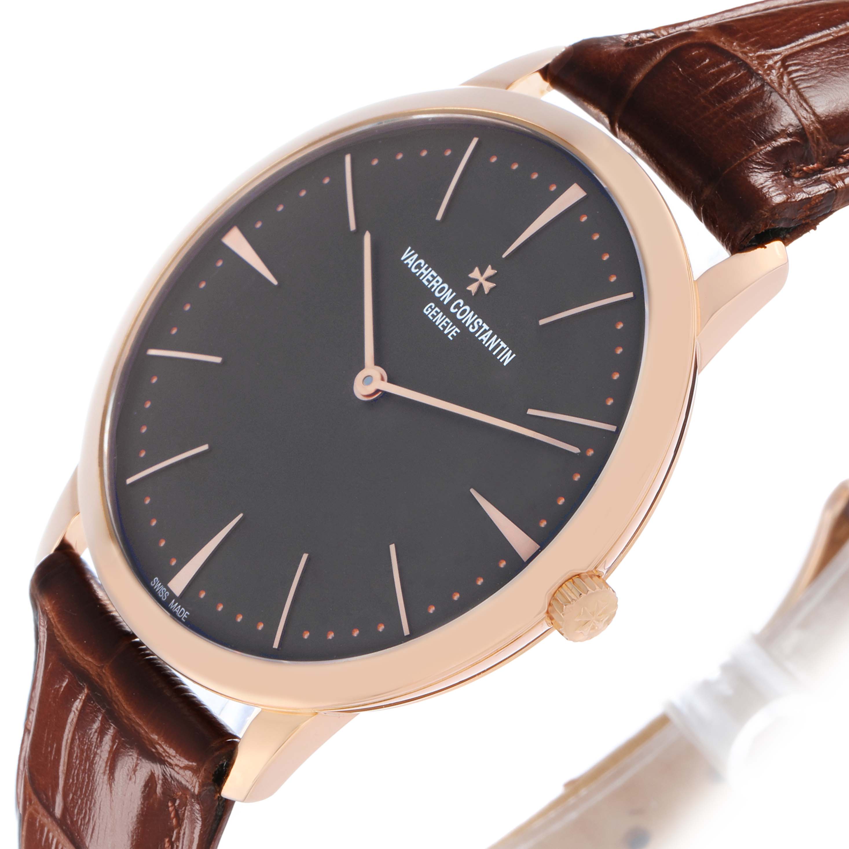 The Vacheron Constantin Patrimony 81180 Men
s Rose Gold Grey Dial watch is shown at a slight side angle, highlighting its dial, case, crown, and leather strap.