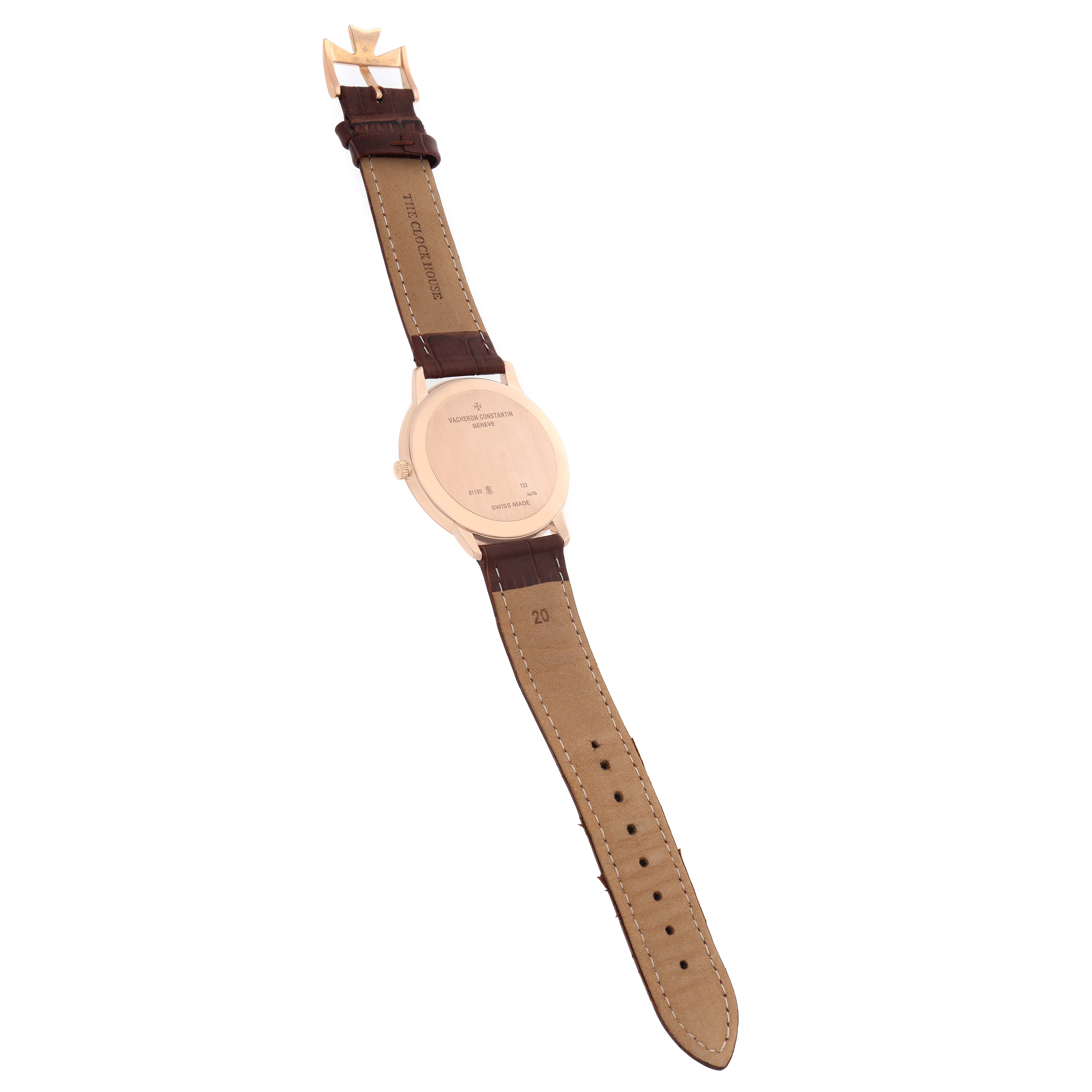 The image shows the back view of a Vacheron Constantin Patrimony 81180 Men
s Rose Gold Grey Dial watch, highlighting its case back and strap.